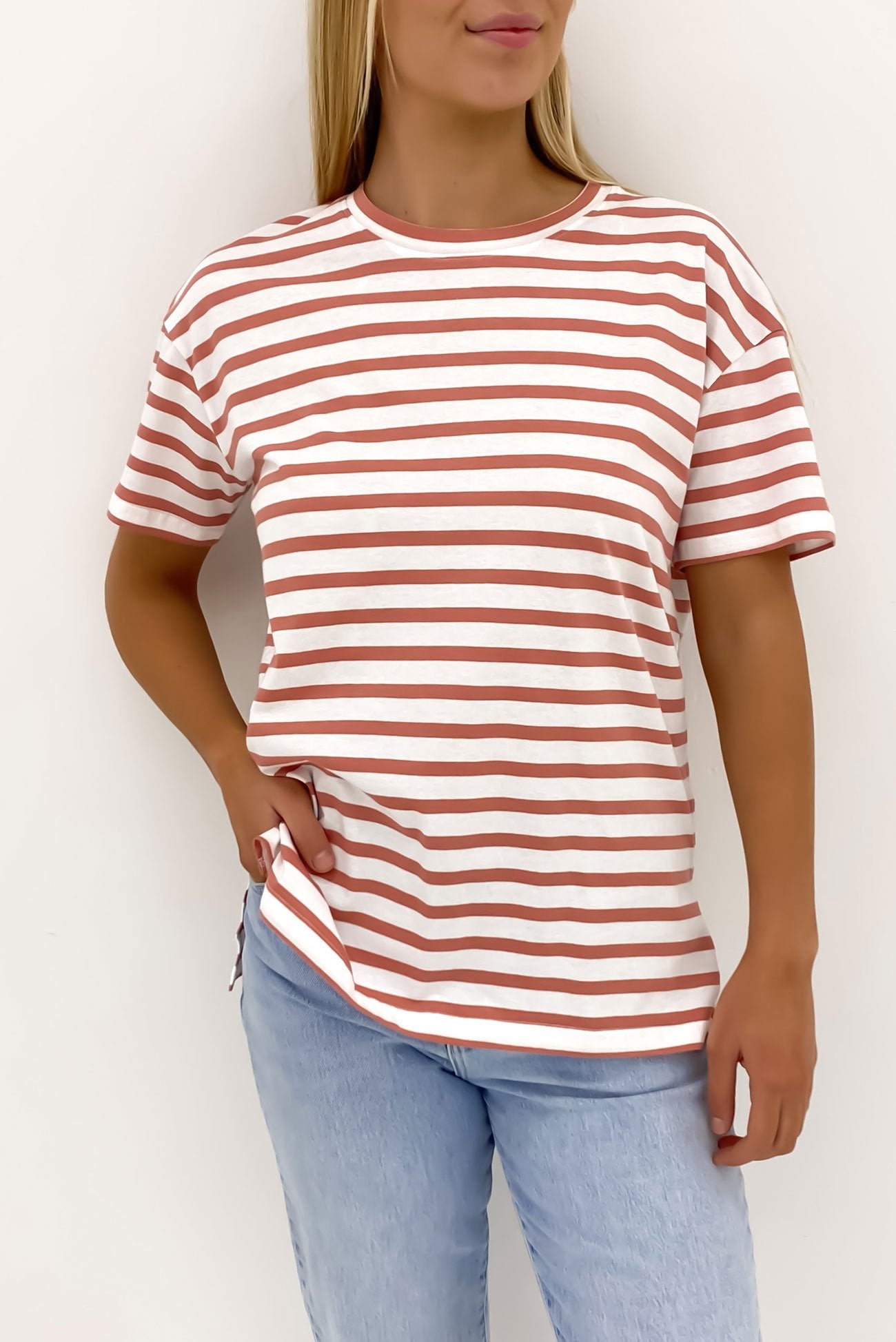 Mia Split Hem Tee Dusty Pink Stripe