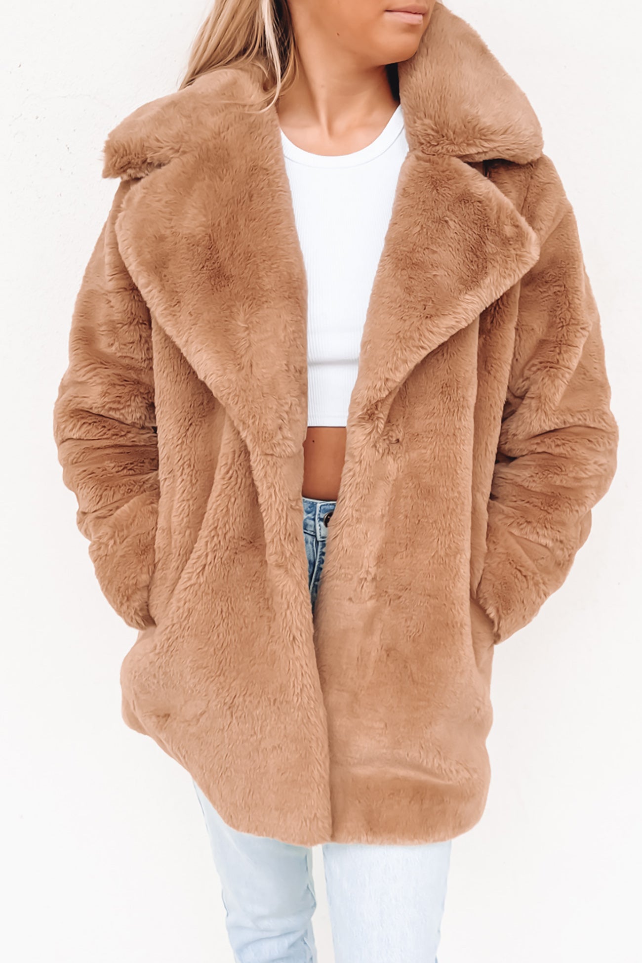 Minimalist Faux Fur Jacket Almond