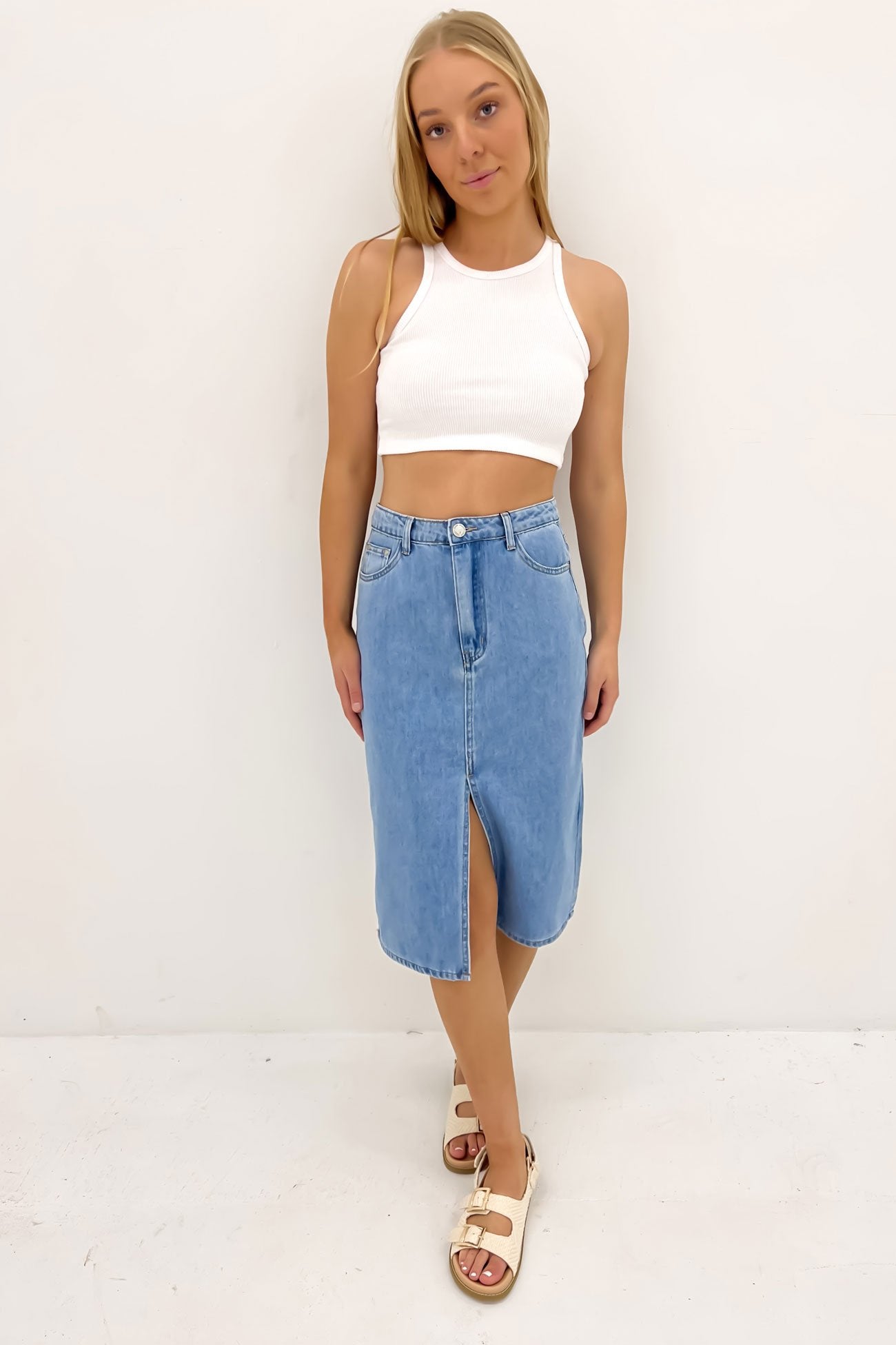 Nate Denim Midi Skirt Mid Blue