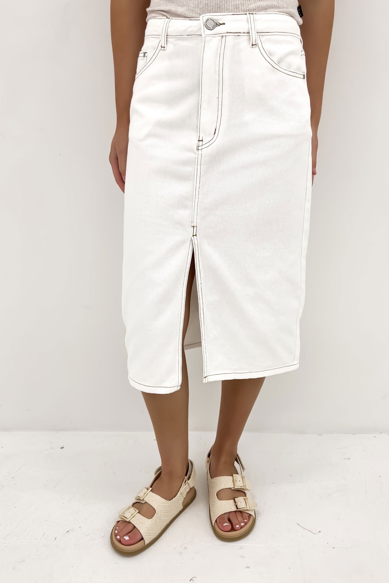 Nate Denim Midi Skirt White