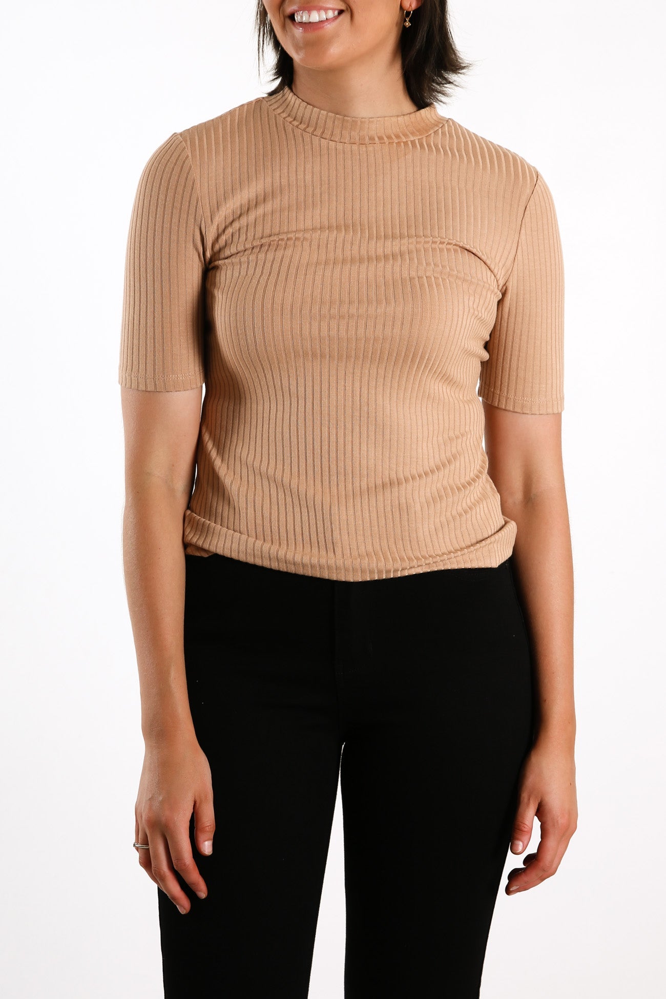 Nina Ribbed Tee Tan