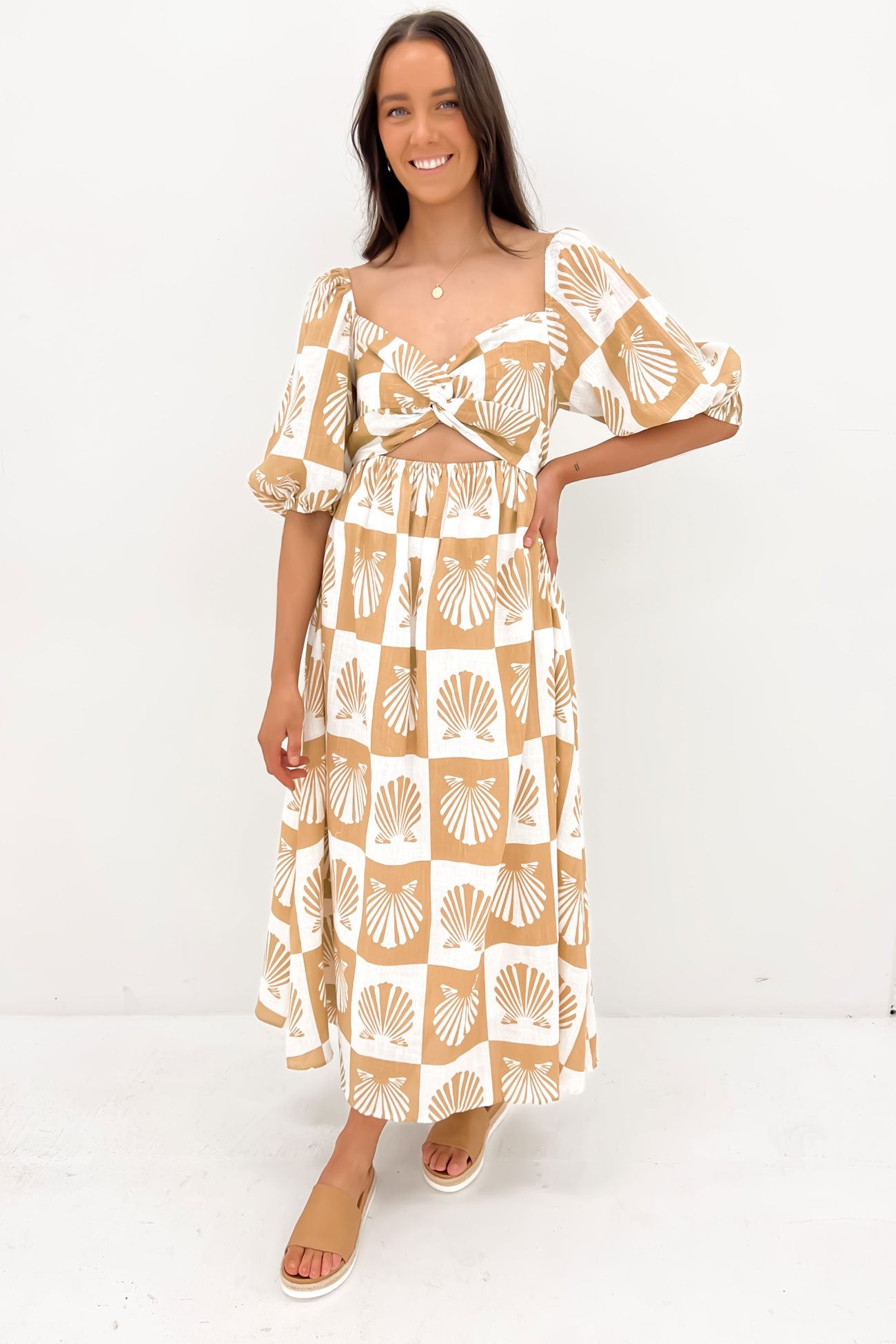 Orielia Midi Dress Tan White