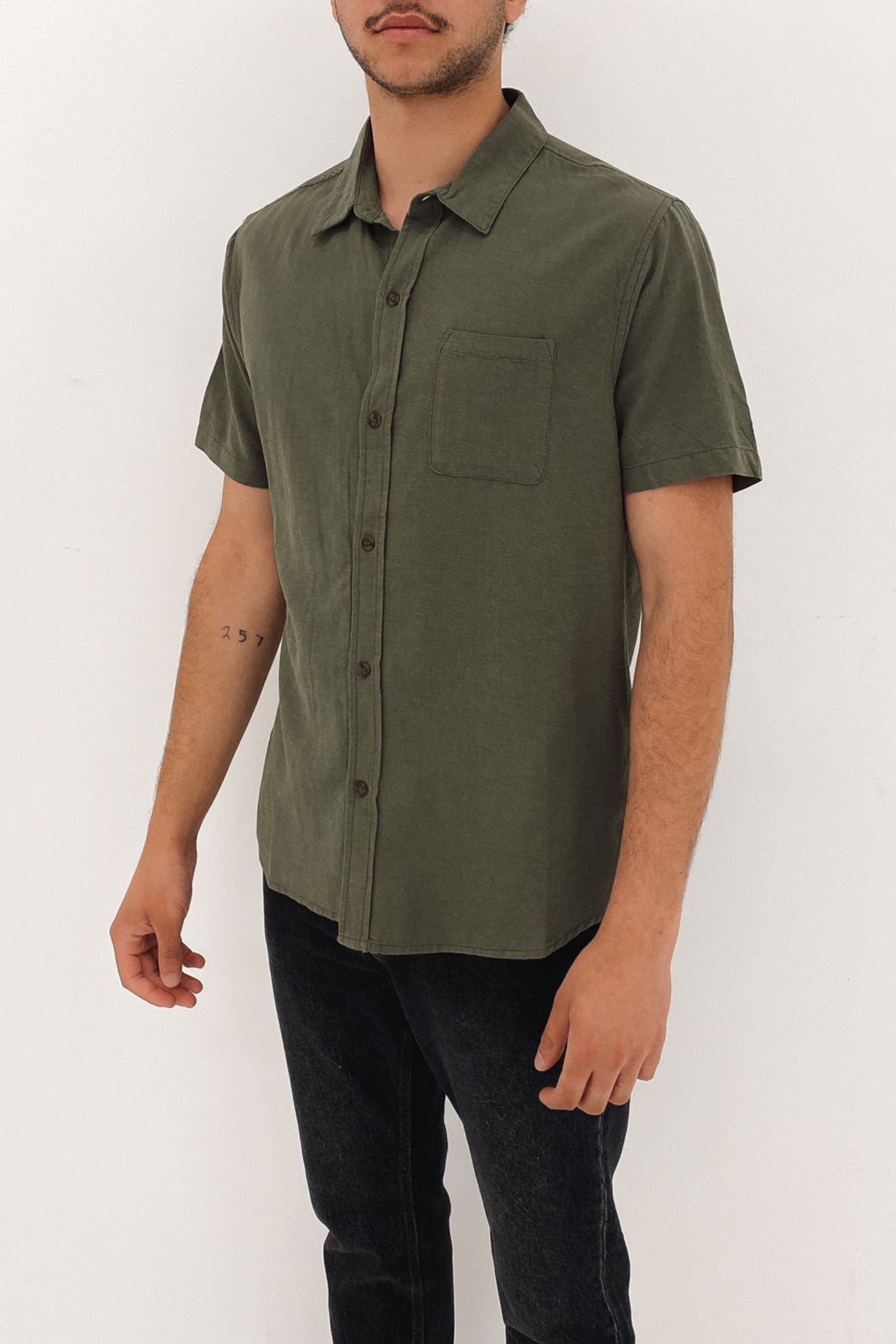 Overtone Short Sleeve Linen Shirt Shadow Army