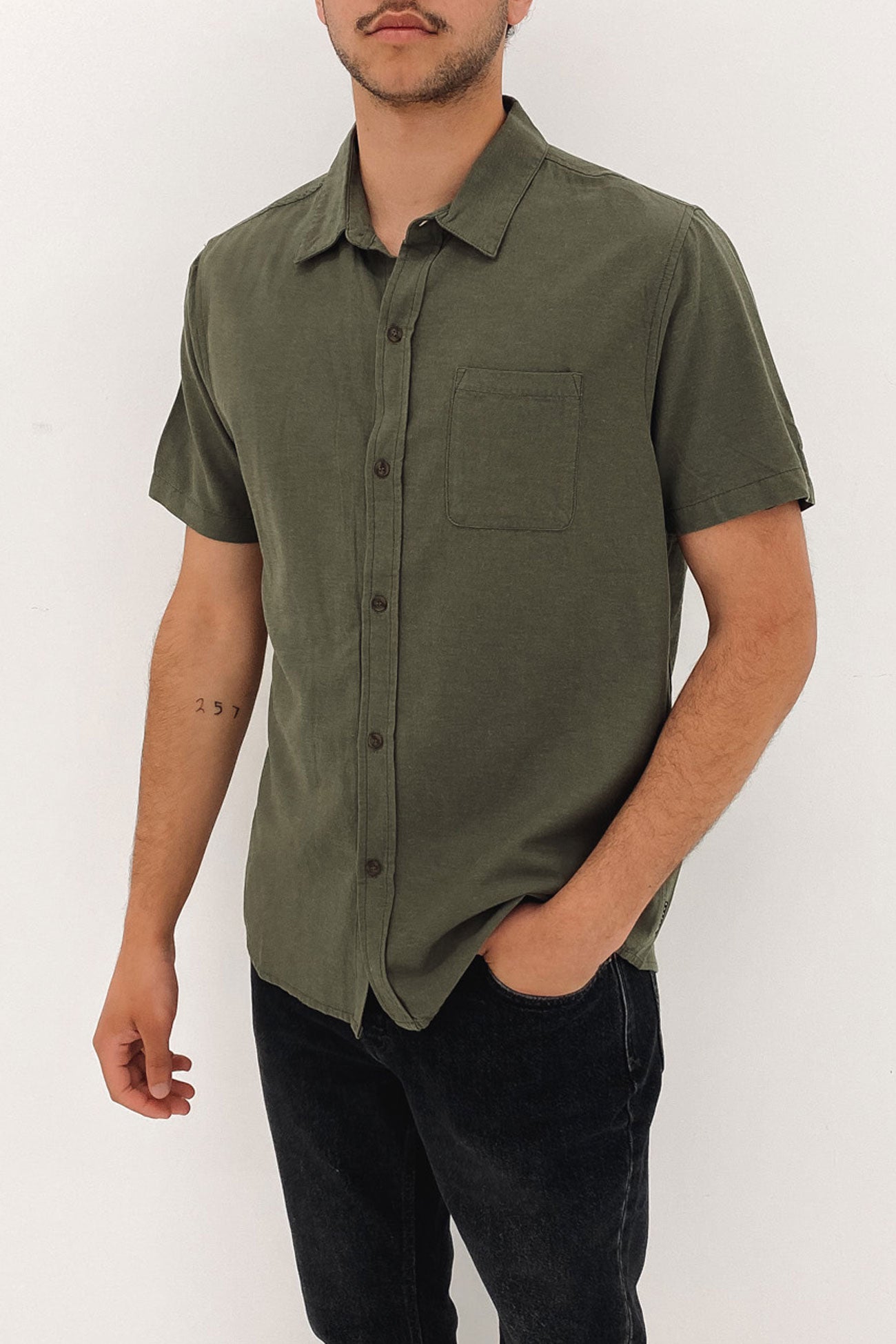 Overtone Short Sleeve Linen Shirt Shadow Army