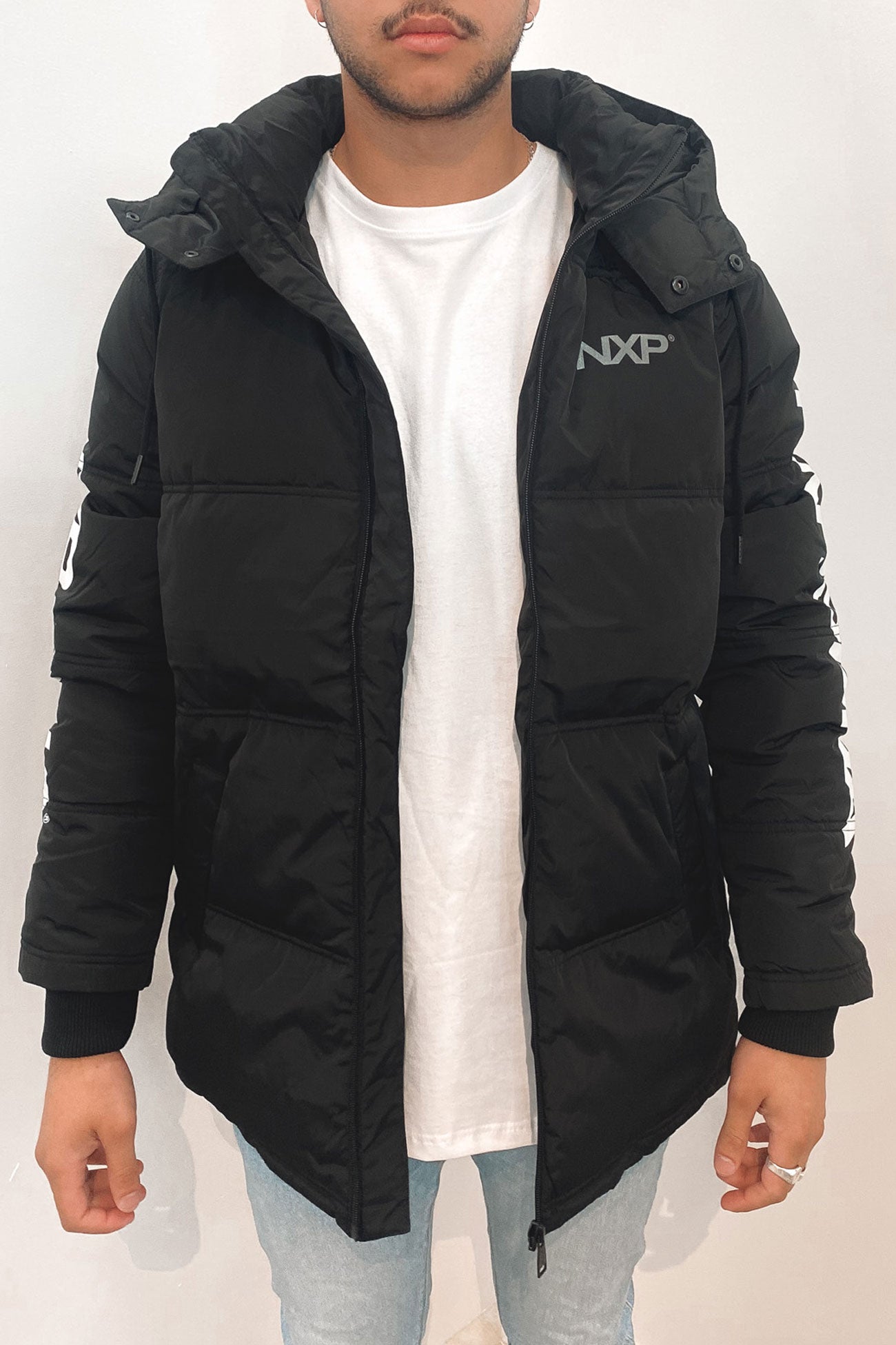 Paramount Long Line Hooded Puffer Jacket Jet Black