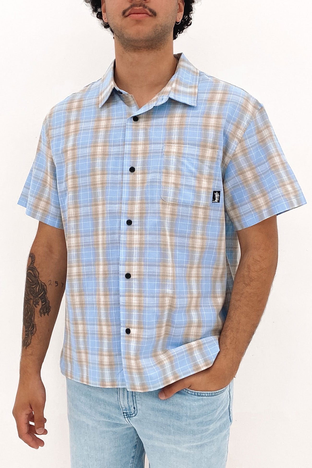 Prion Check Pocket Short Sleeve Shirt Sky Blue