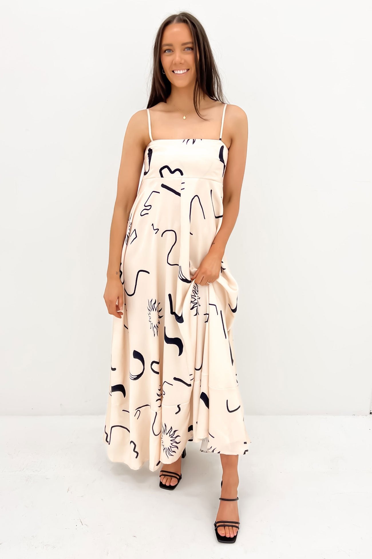 Riley Maxi Dress Beige Black Sun Swirl