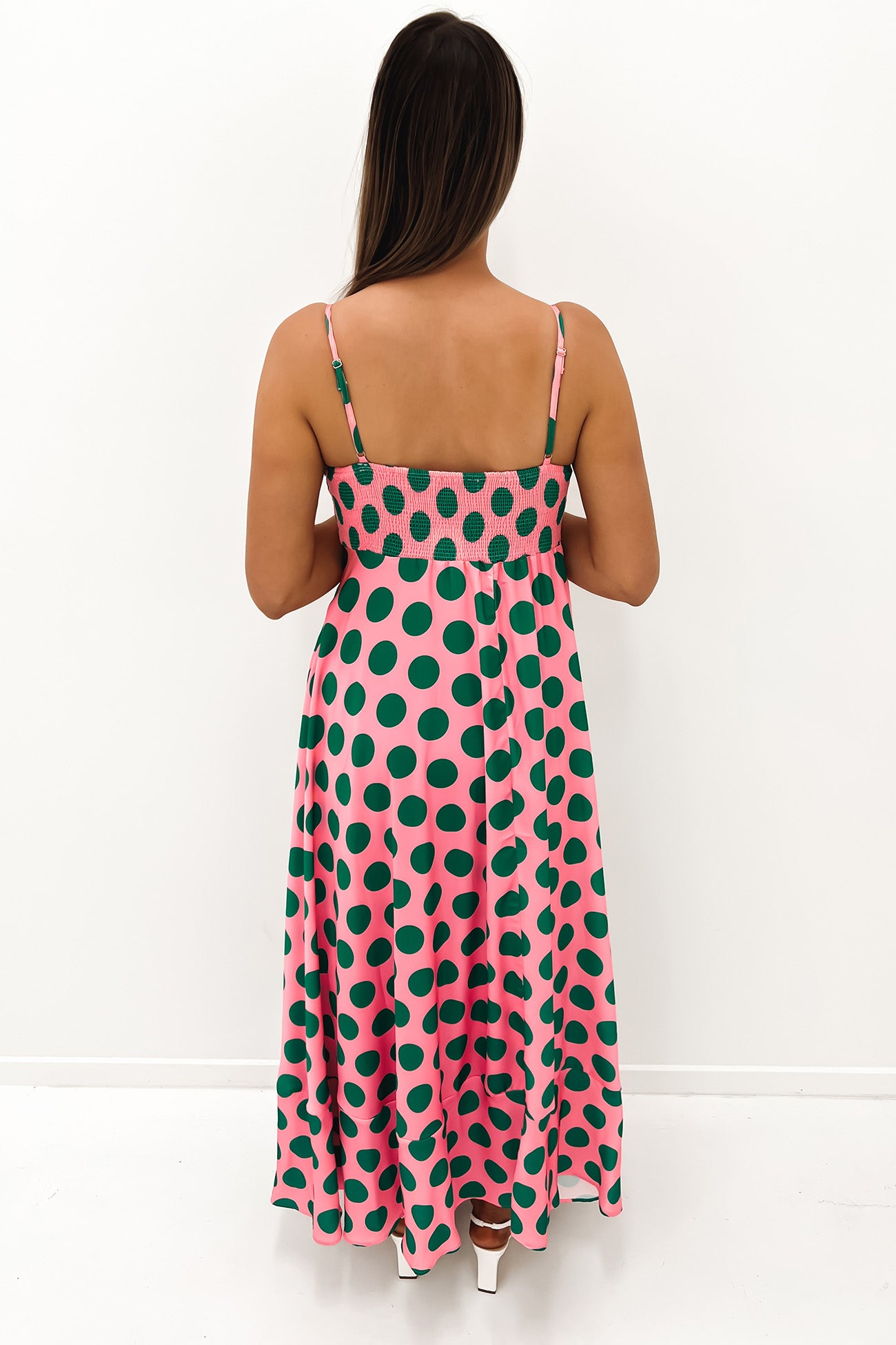 Riley Midi Dress Pink Green Dot