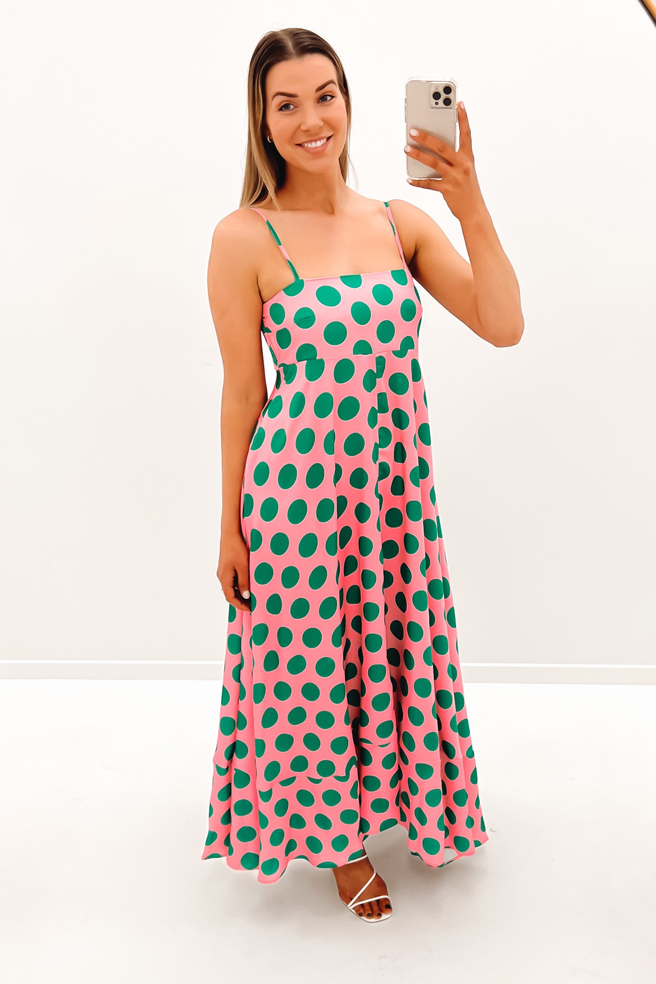 Riley Midi Dress Pink Green Dot