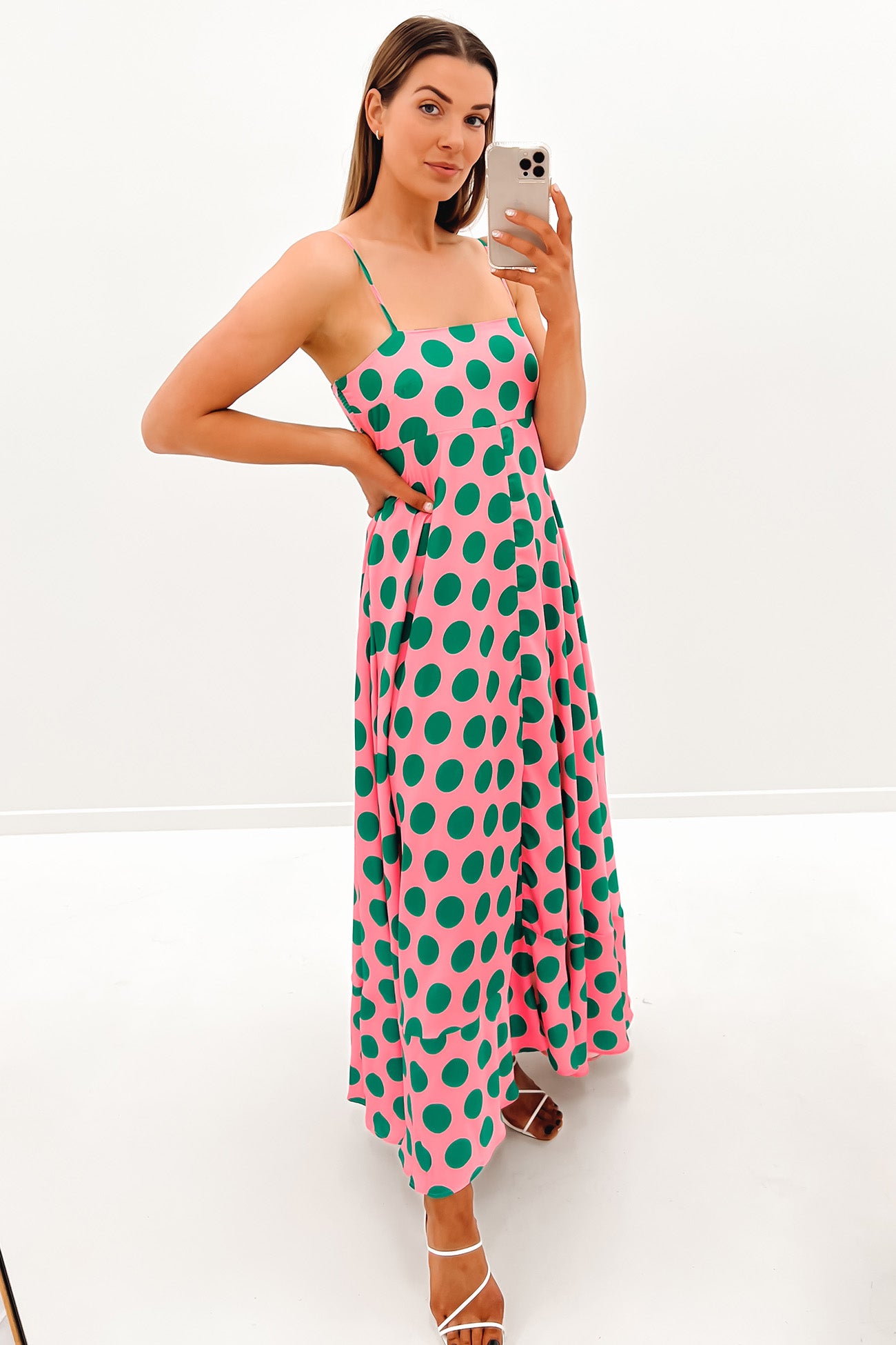 Riley Midi Dress Pink Green Dot