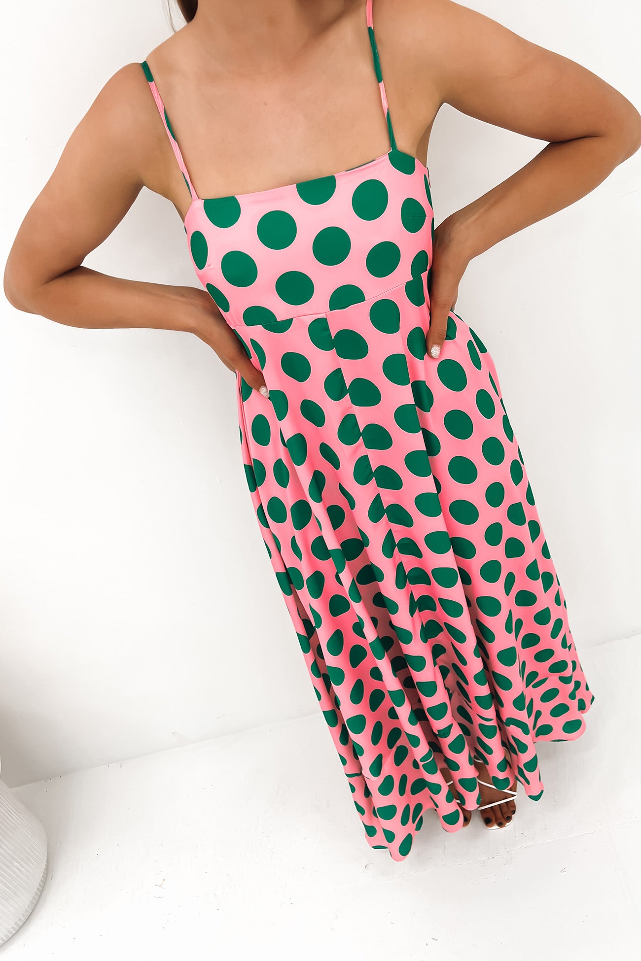 Riley Midi Dress Pink Green Dot