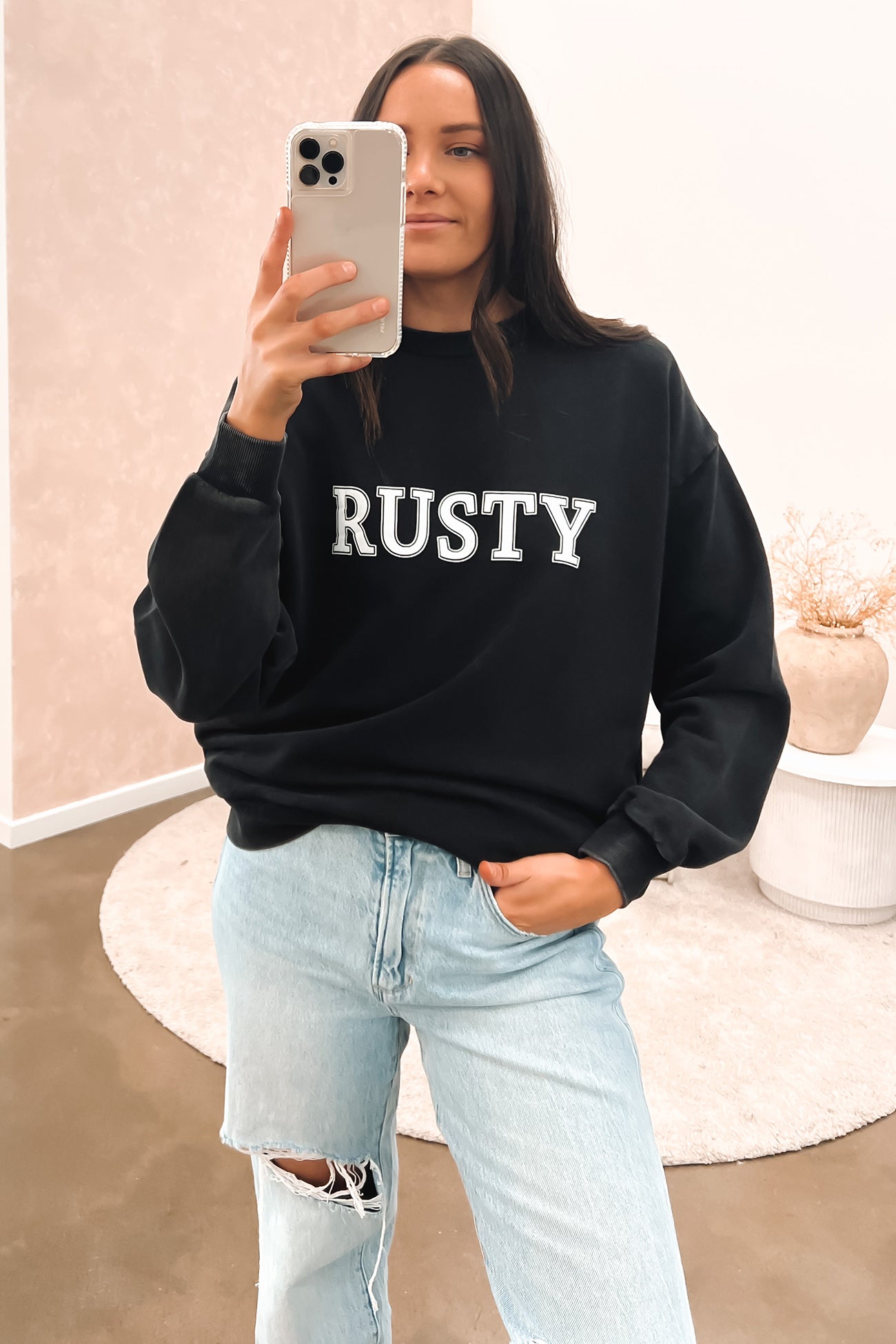 Rusty Oversize Crew Fleece Washed Black