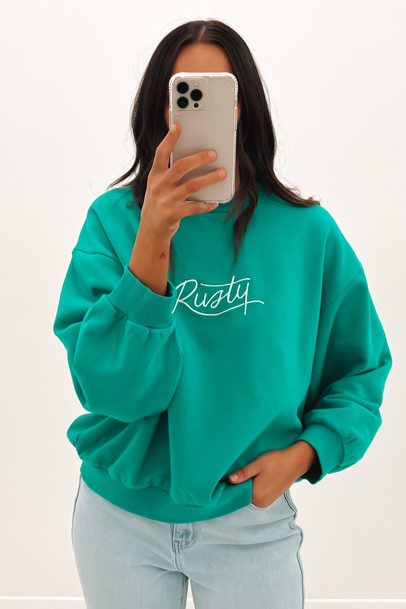 Rusty Script Oversize Crew Neck Fleece Emerald