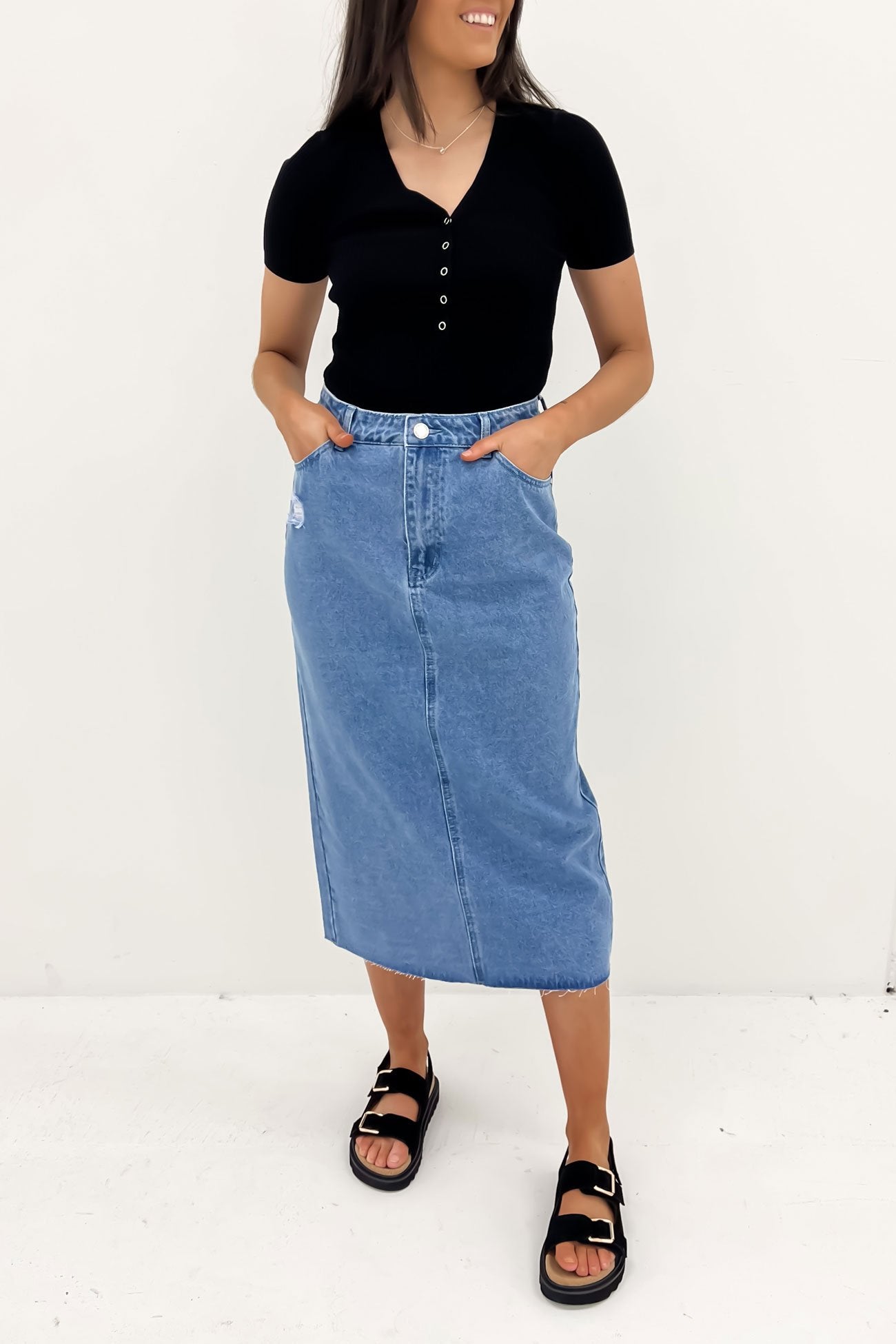 Ryliana Denim Midi Skirt Mid Blue