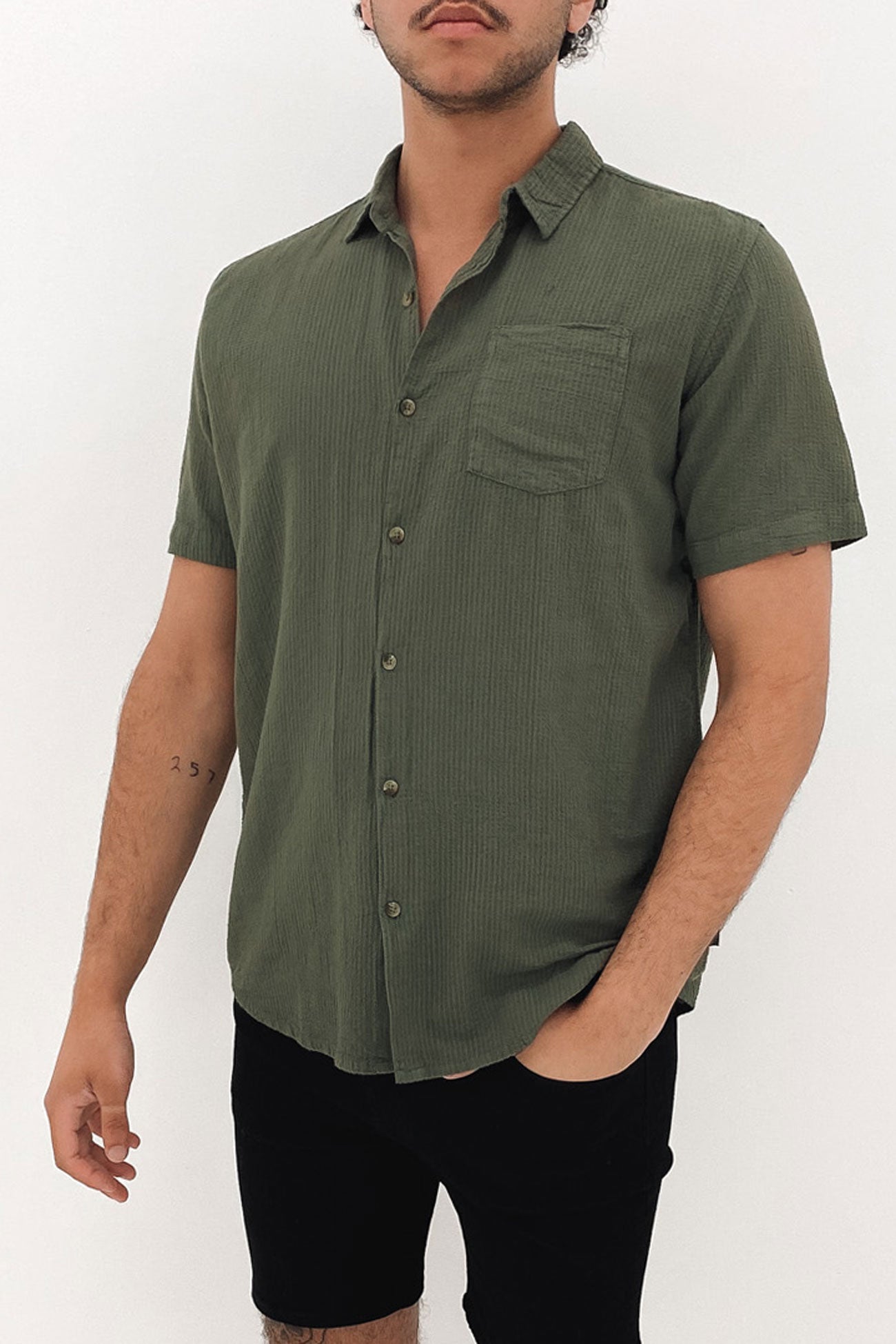 Seersucker Short Sleeve Shirt Green