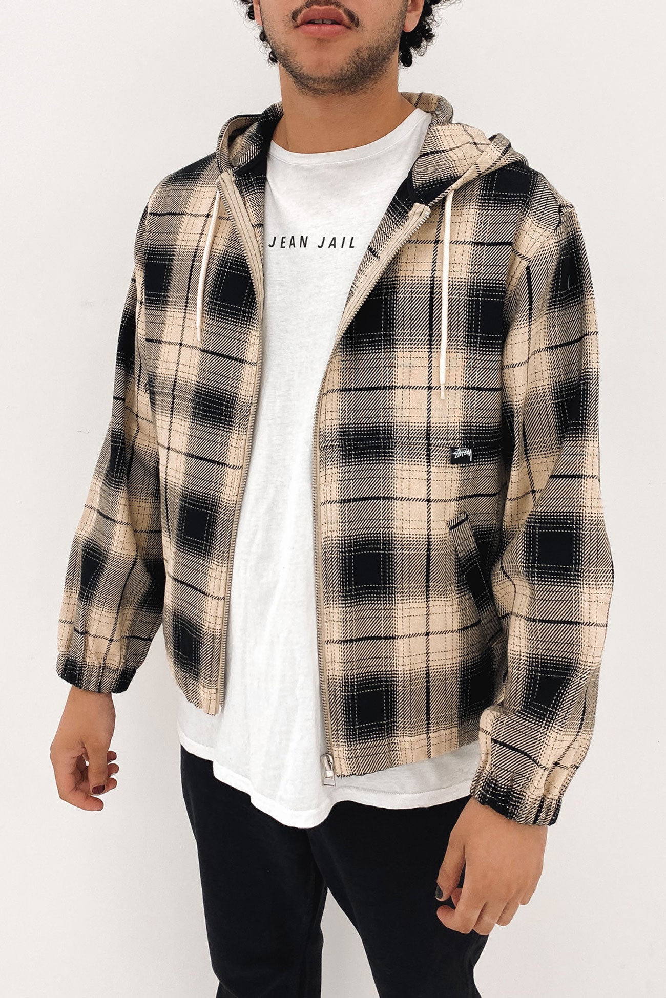 Shadow Plaid Zip Work Jacket Black Tan