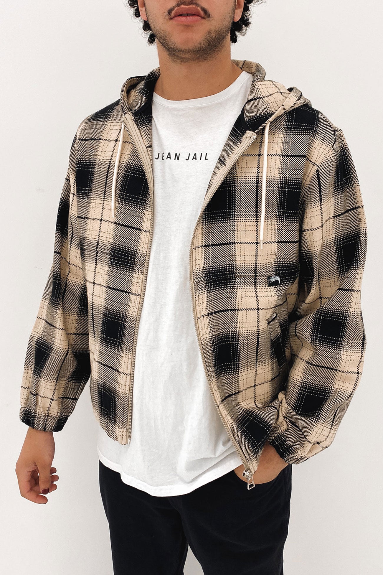 Shadow Plaid Zip Work Jacket Black Tan