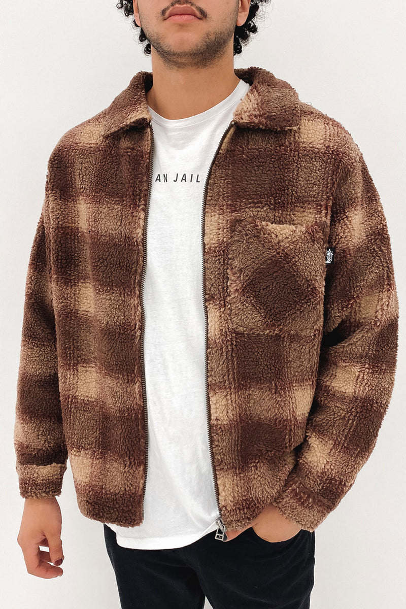 Shadow Plaid Sherpa Zip Shirt Brown - Jean Jail