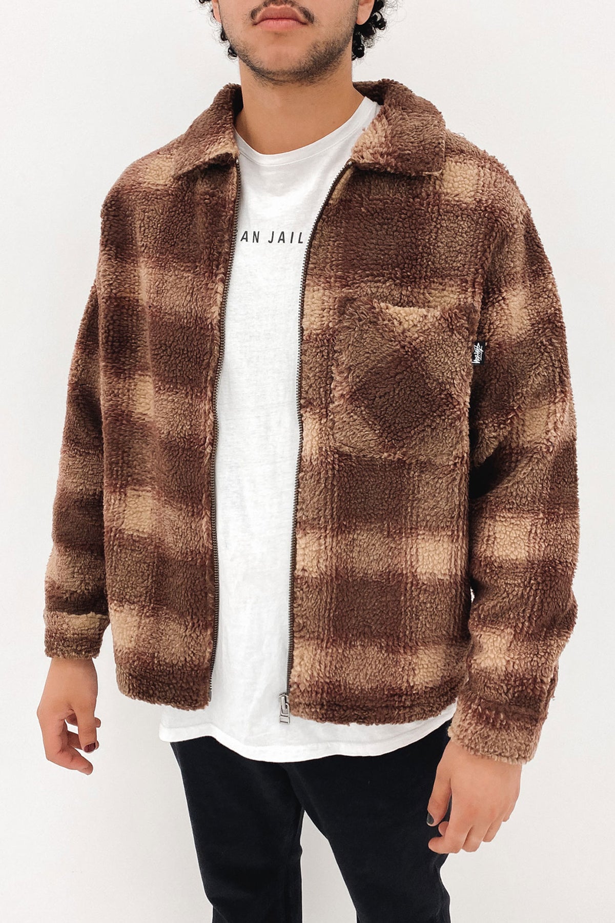 Shadow Plaid Sherpa Zip Shirt Brown - Jean Jail