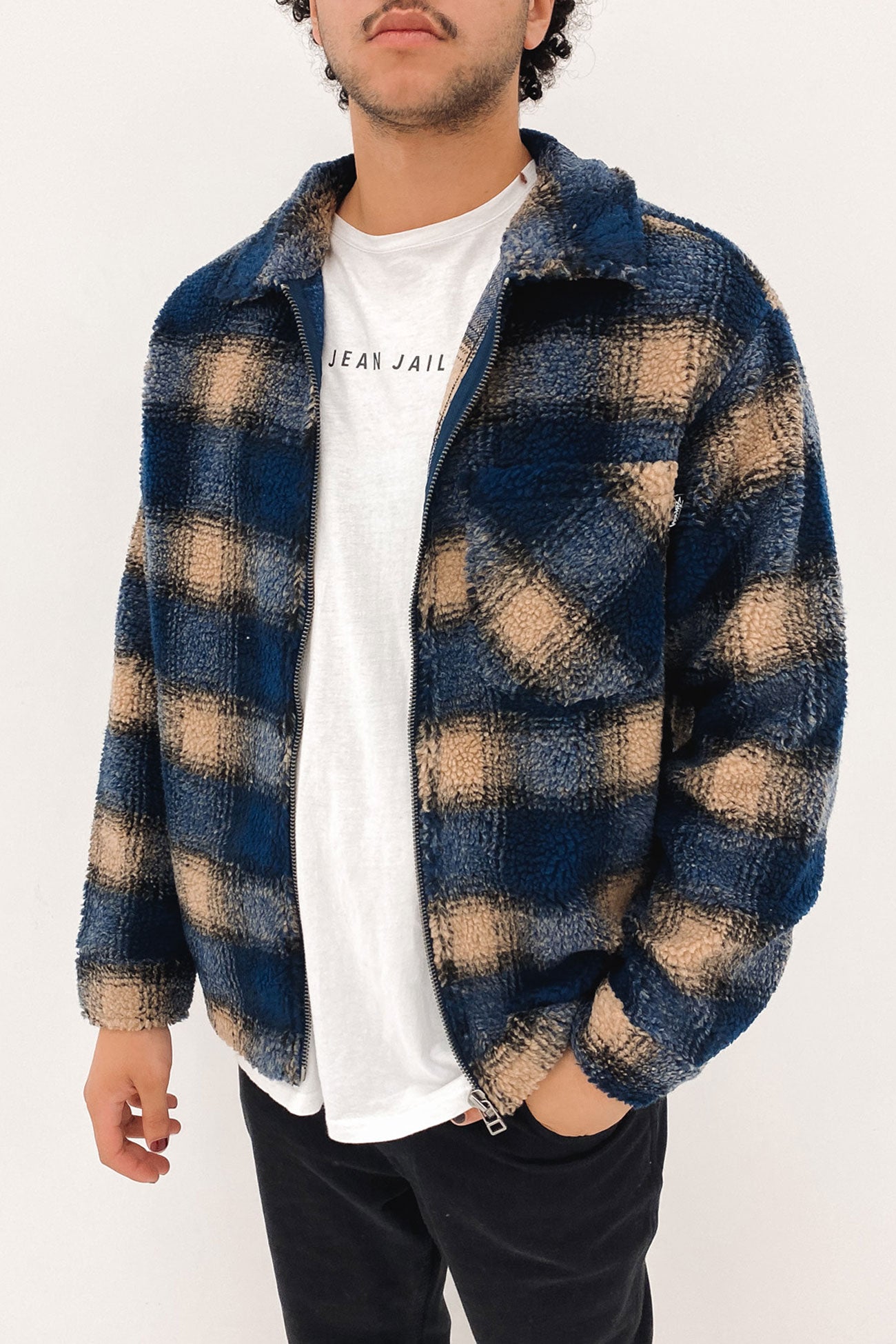 Shadow Plaid Sherpa Zip Shirt Navy