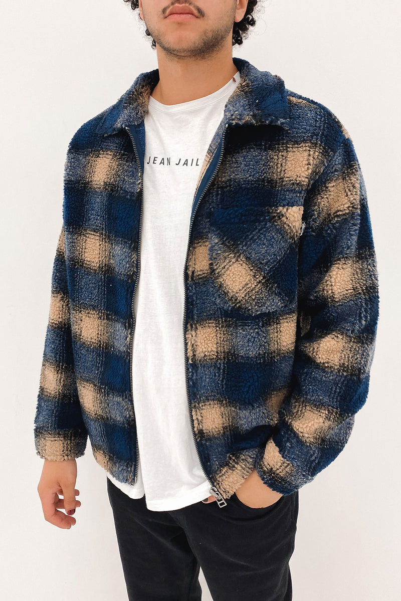 Shadow Plaid Sherpa Zip Shirt Navy - Jean Jail