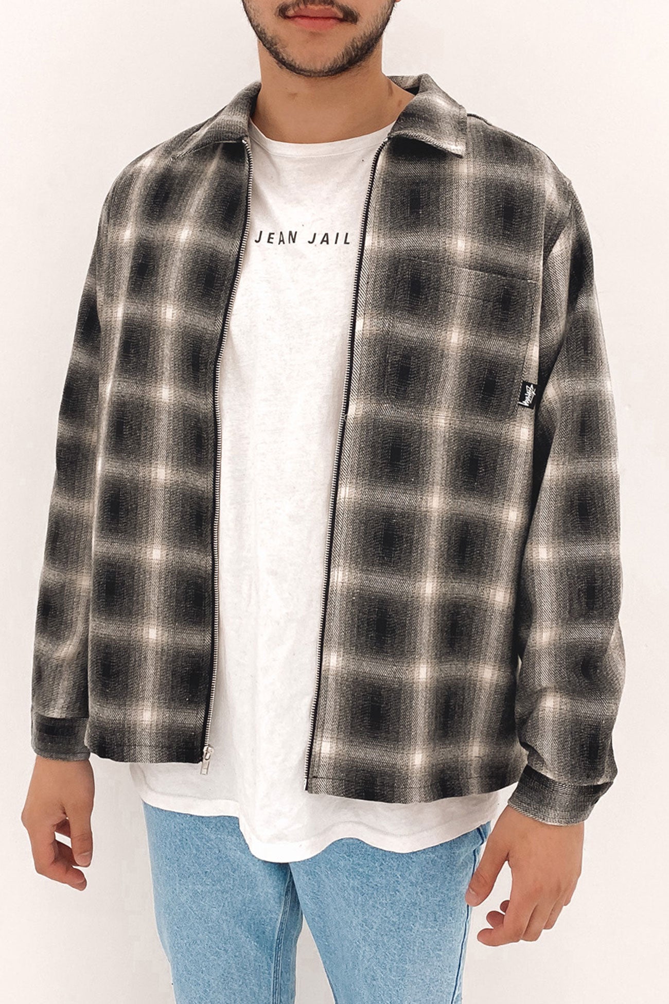 Shadow Plaid Zip Up Long Sleeve Shirt Black