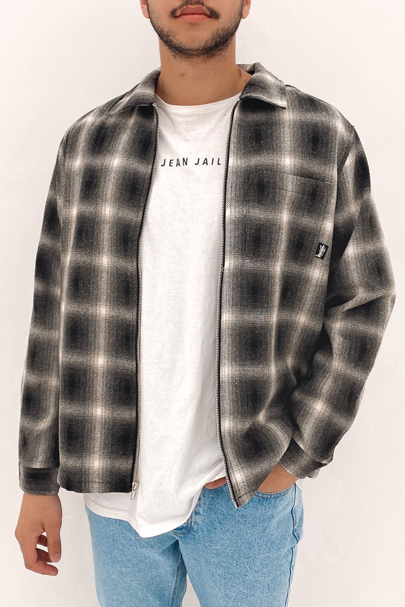 Shadow Plaid Zip Up Long Sleeve Shirt Black