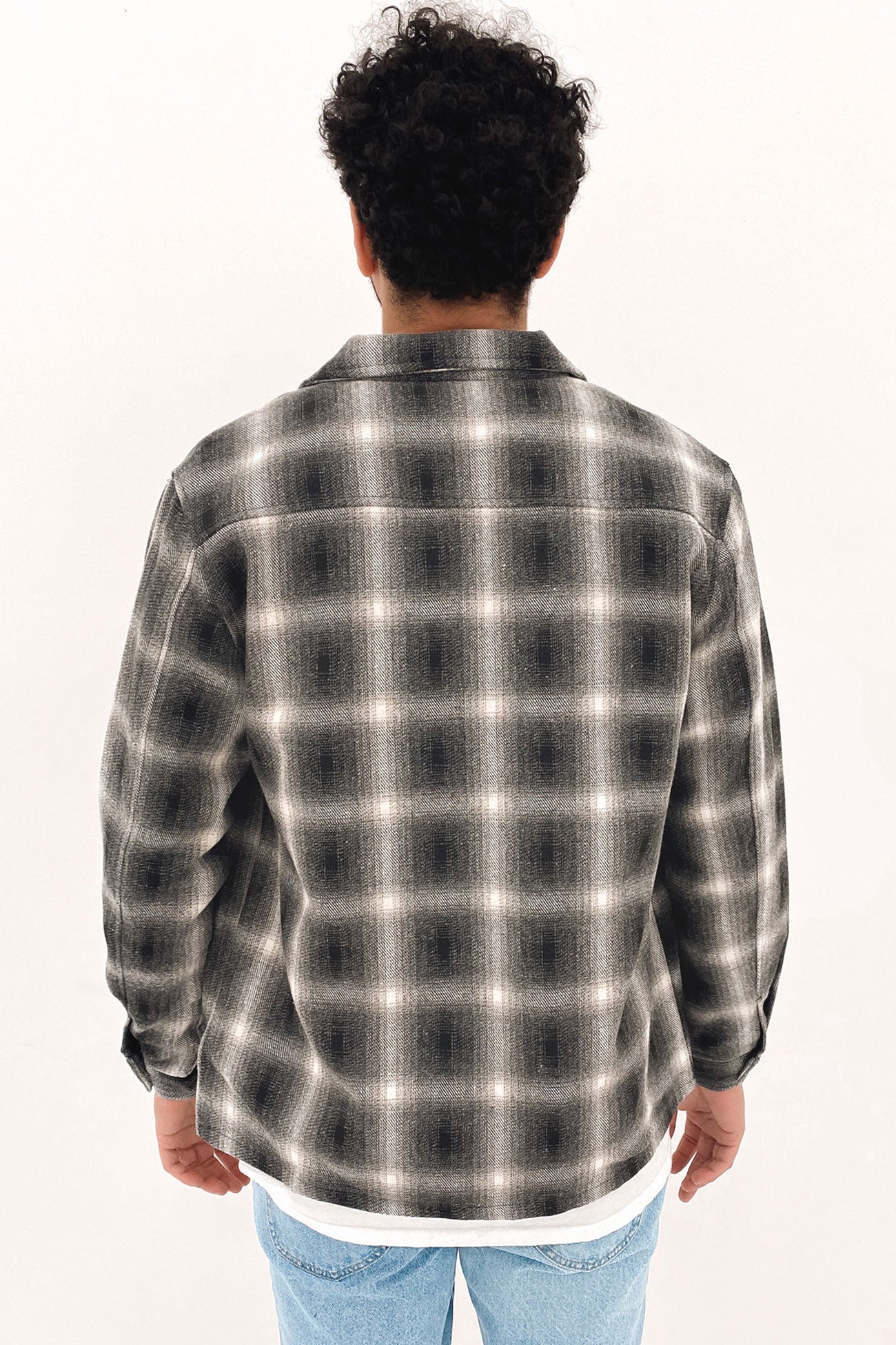 Shadow Plaid Zip Up Long Sleeve Shirt Black