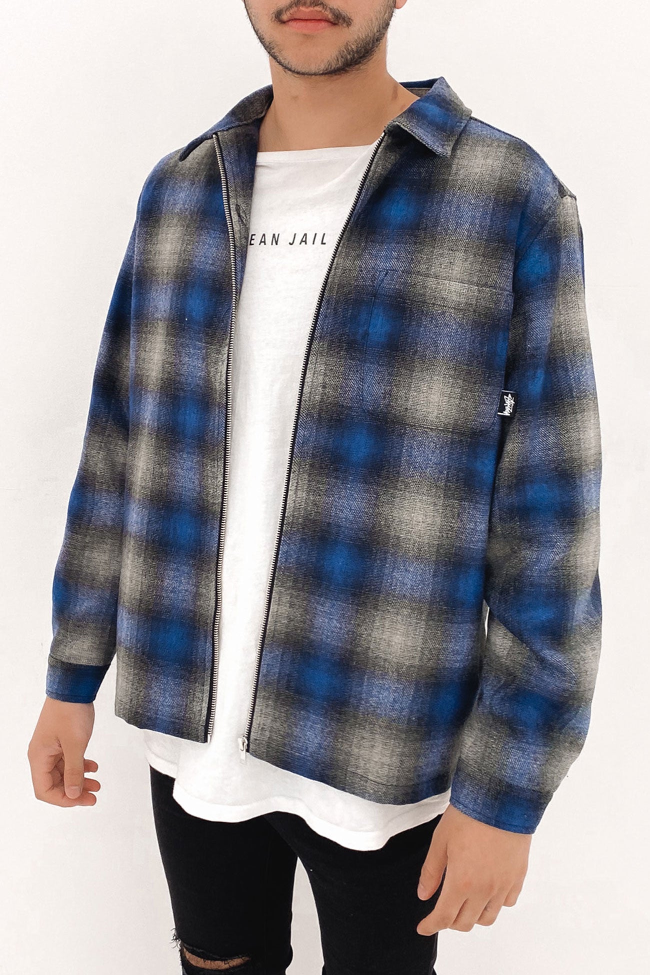 Shadow Plaid Zip Up Long Sleeve Shirt Mid Blue