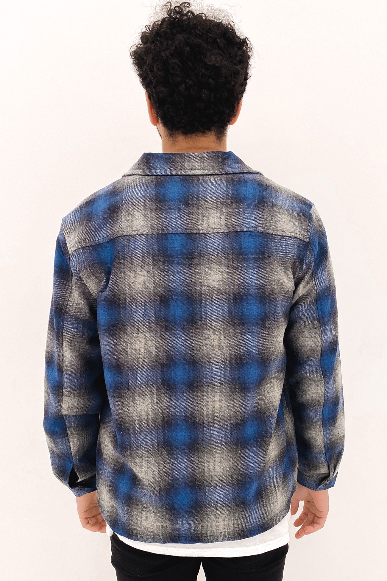 Shadow Plaid Zip Up Long Sleeve Shirt Mid Blue