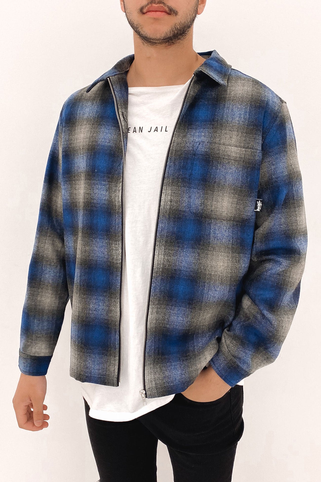 Shadow Plaid Zip Up Long Sleeve Shirt Mid Blue