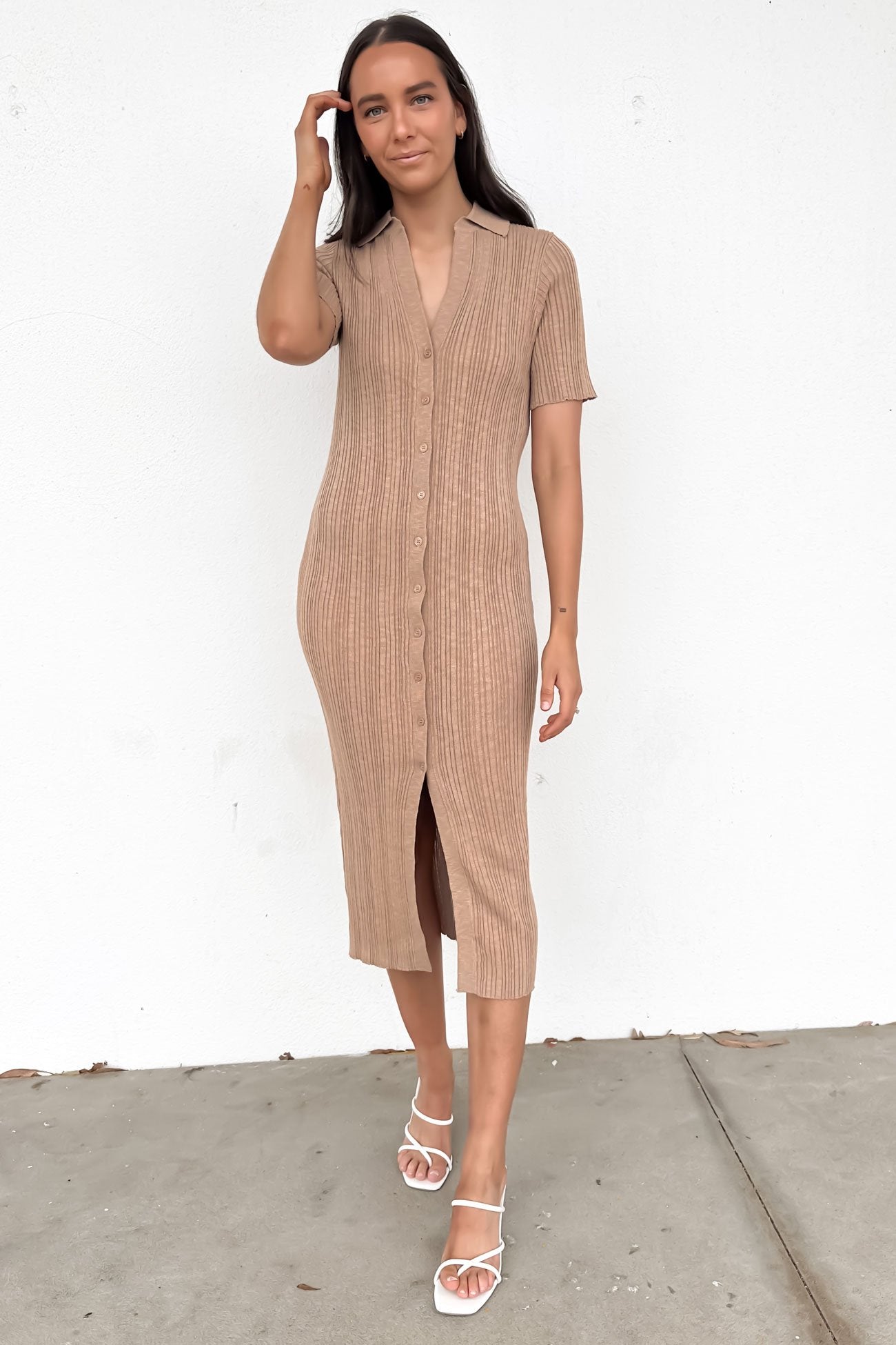 Shylie Ribbed Midi Dress Beige