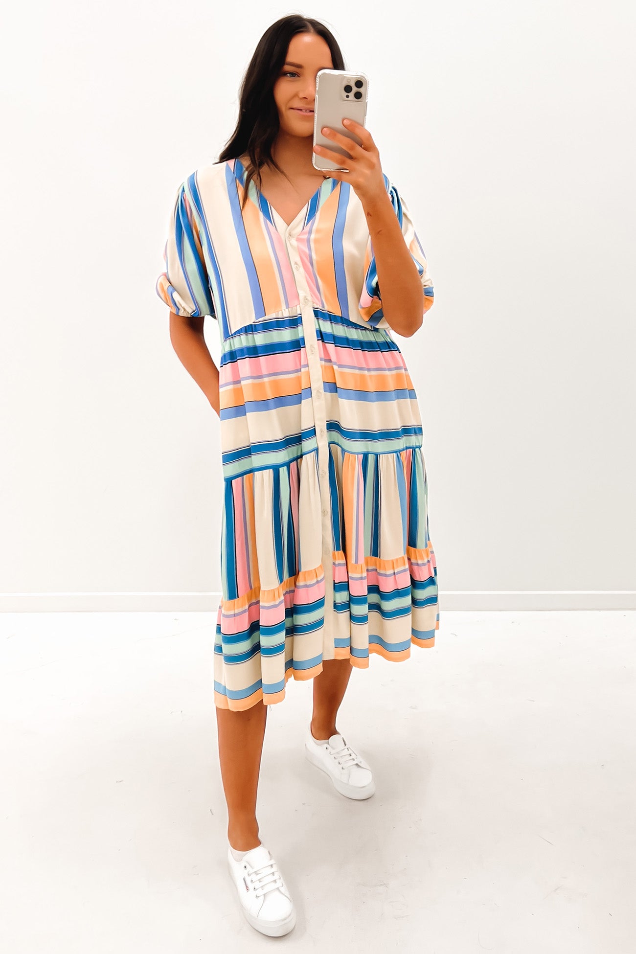 Sienna Midi Dress Pink Blue Stripe