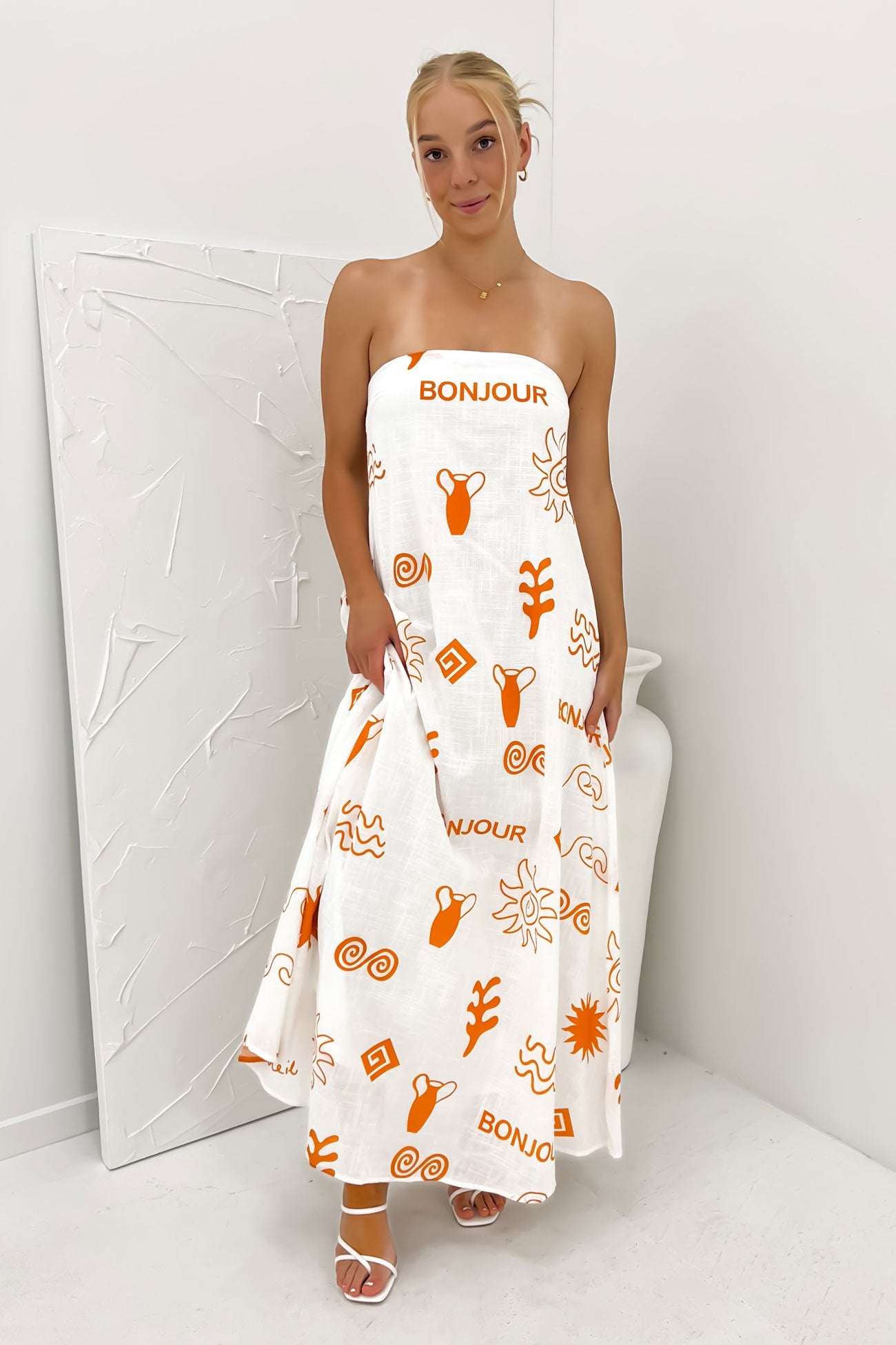 Sloane Maxi Dress White Orange Bonjour