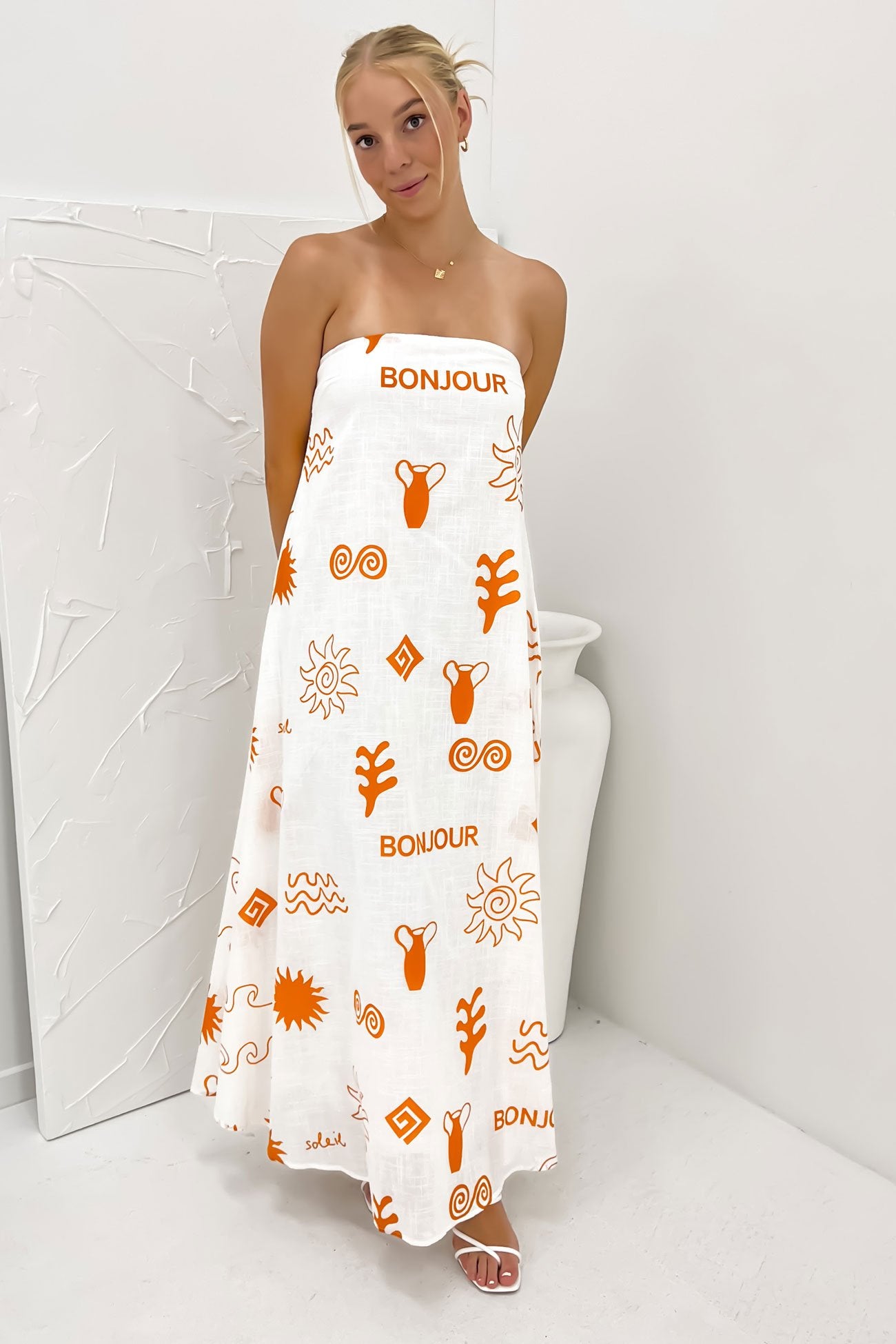 Sloane Maxi Dress White Orange Bonjour