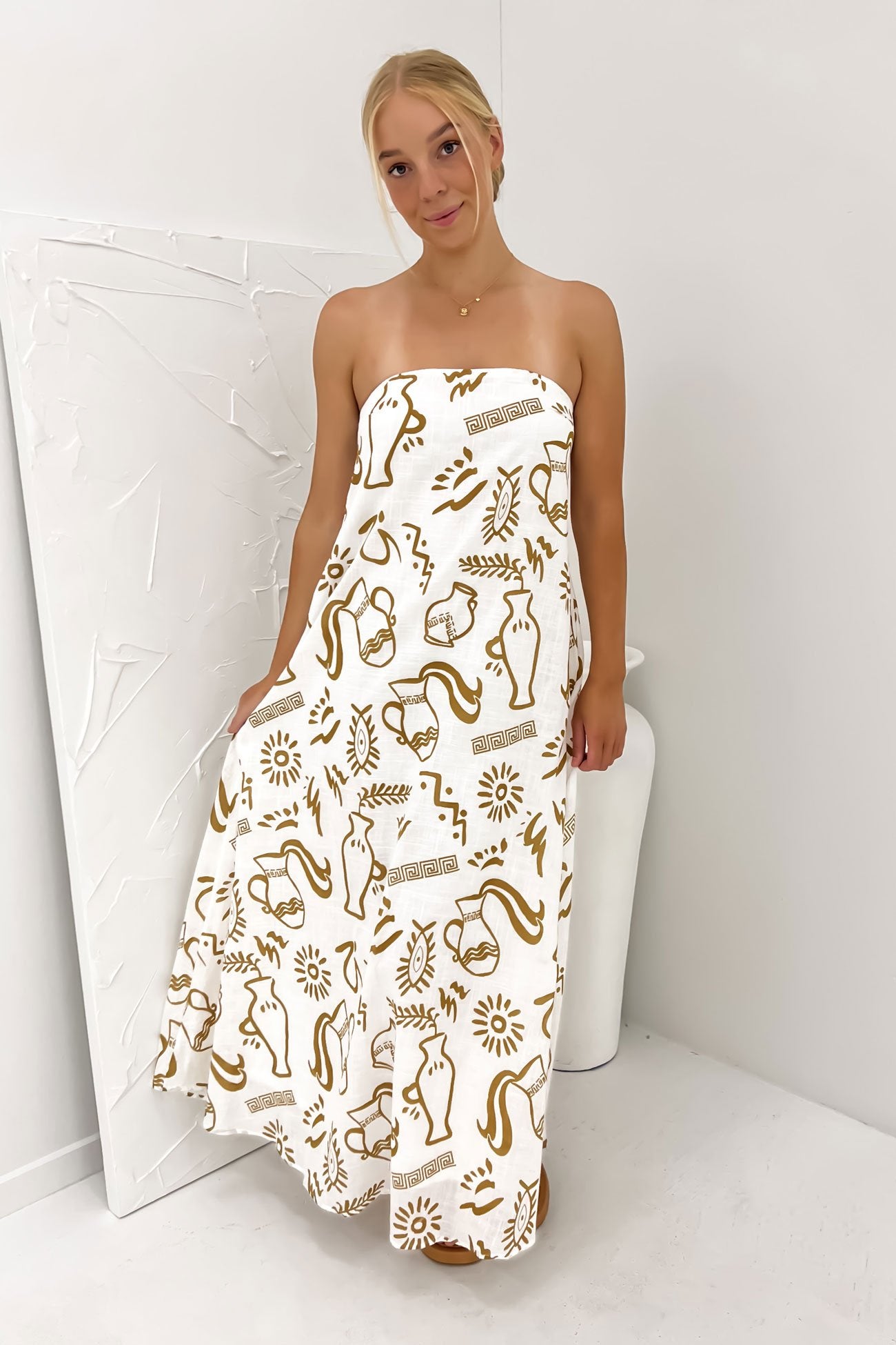 Sloane Maxi Dress White Tan Aztec Vase