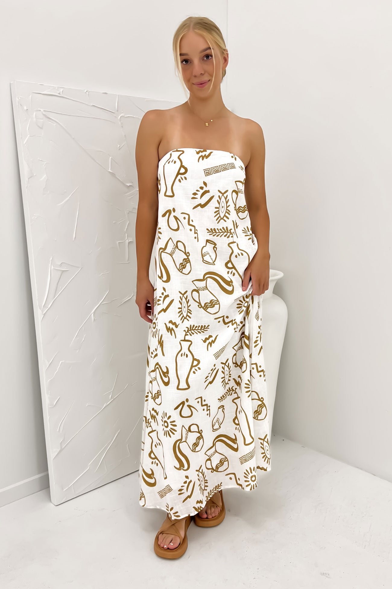 Sloane Maxi Dress White Tan Aztec Vase