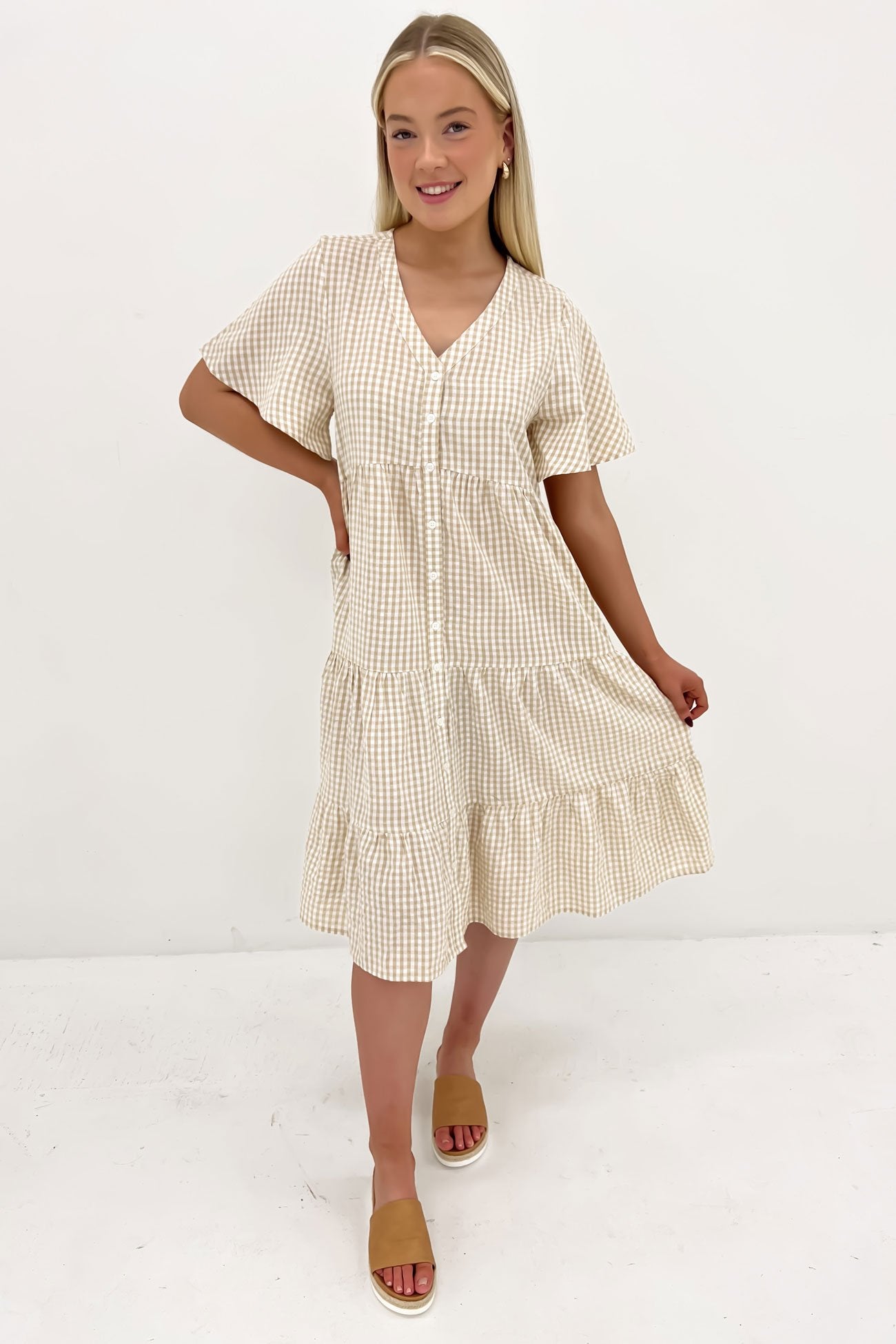 Summer Midi Dress Latte Gingham