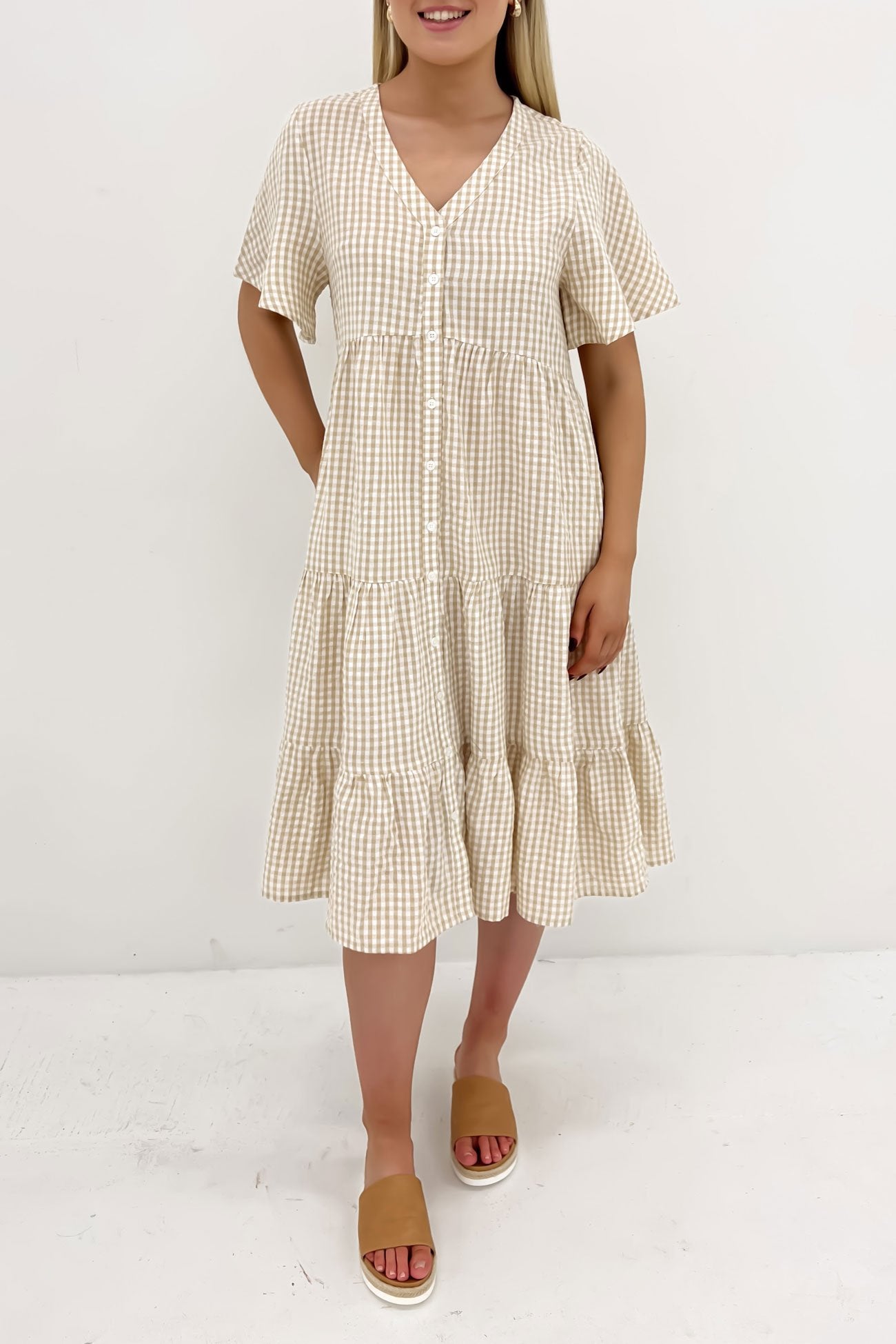 Summer Midi Dress Latte Gingham