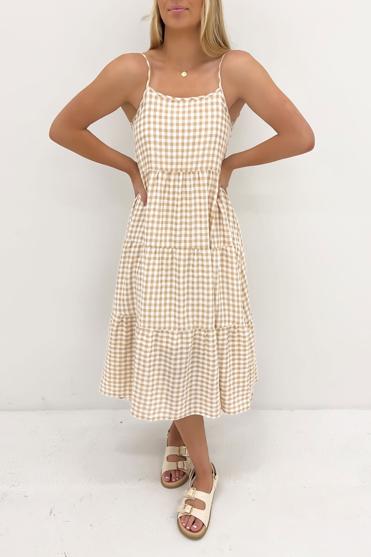 Tarah Midi Dress Beige Check