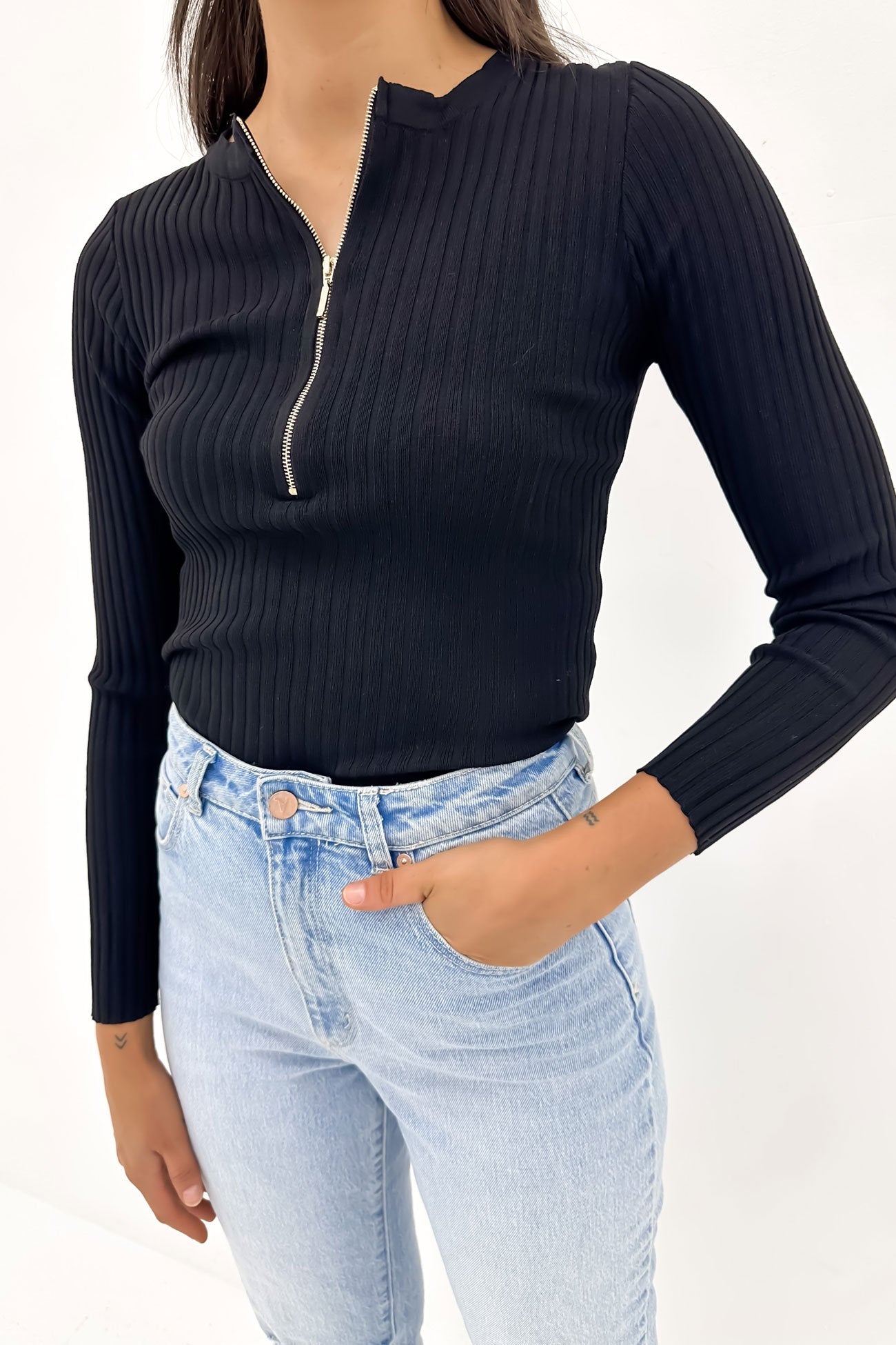 Tori Ribbed Long Sleeve Top Black