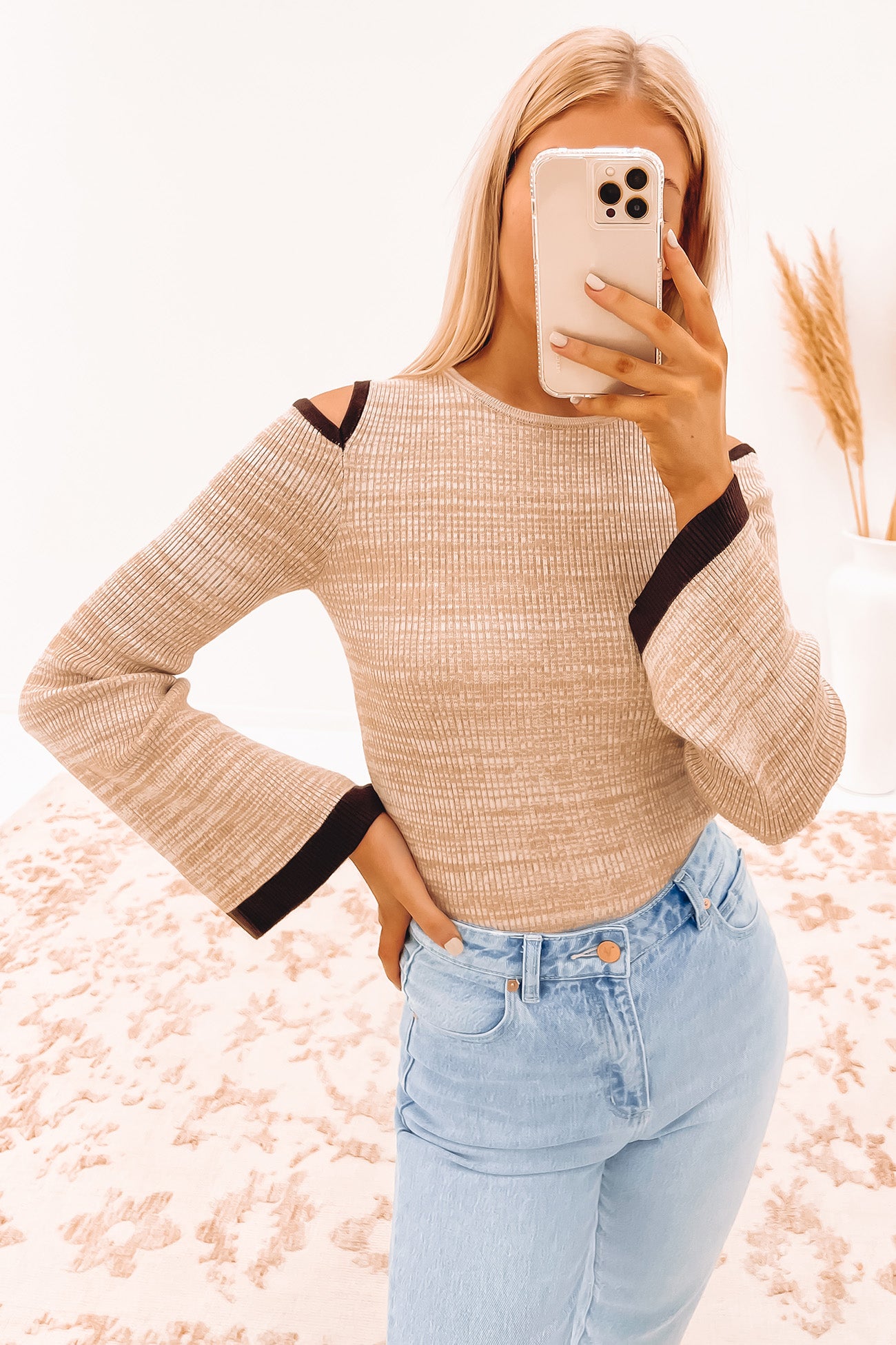 Viola Ribbed Knit Long Sleeve Top Beige Marle