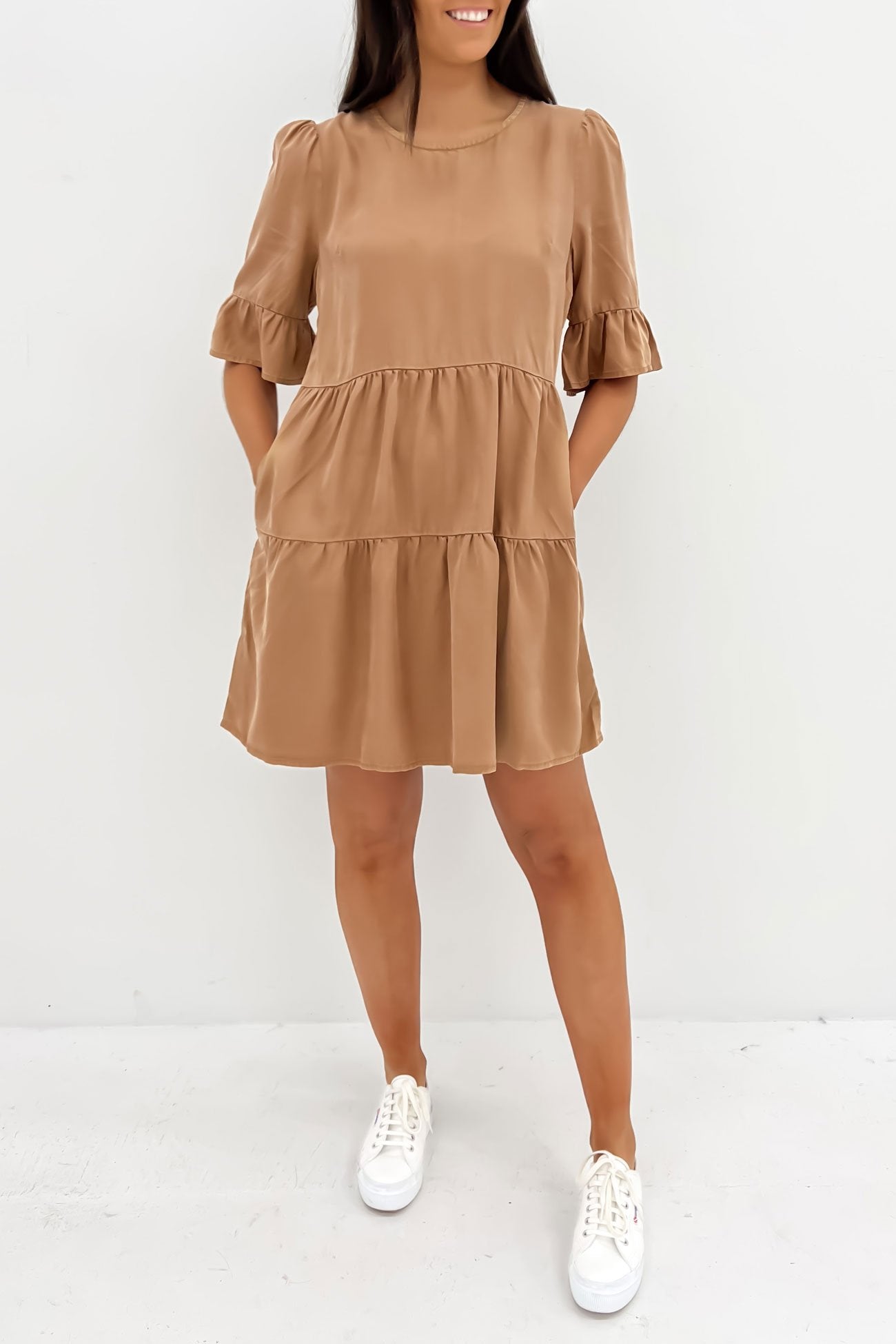 Willow Tiered Mini Dress Tan