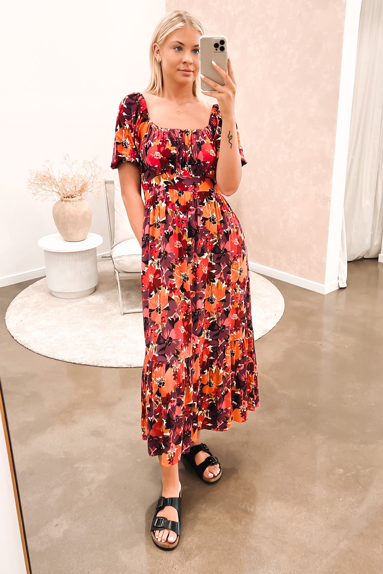 Yasmin Frill Hem Midi Dress Berry Floral