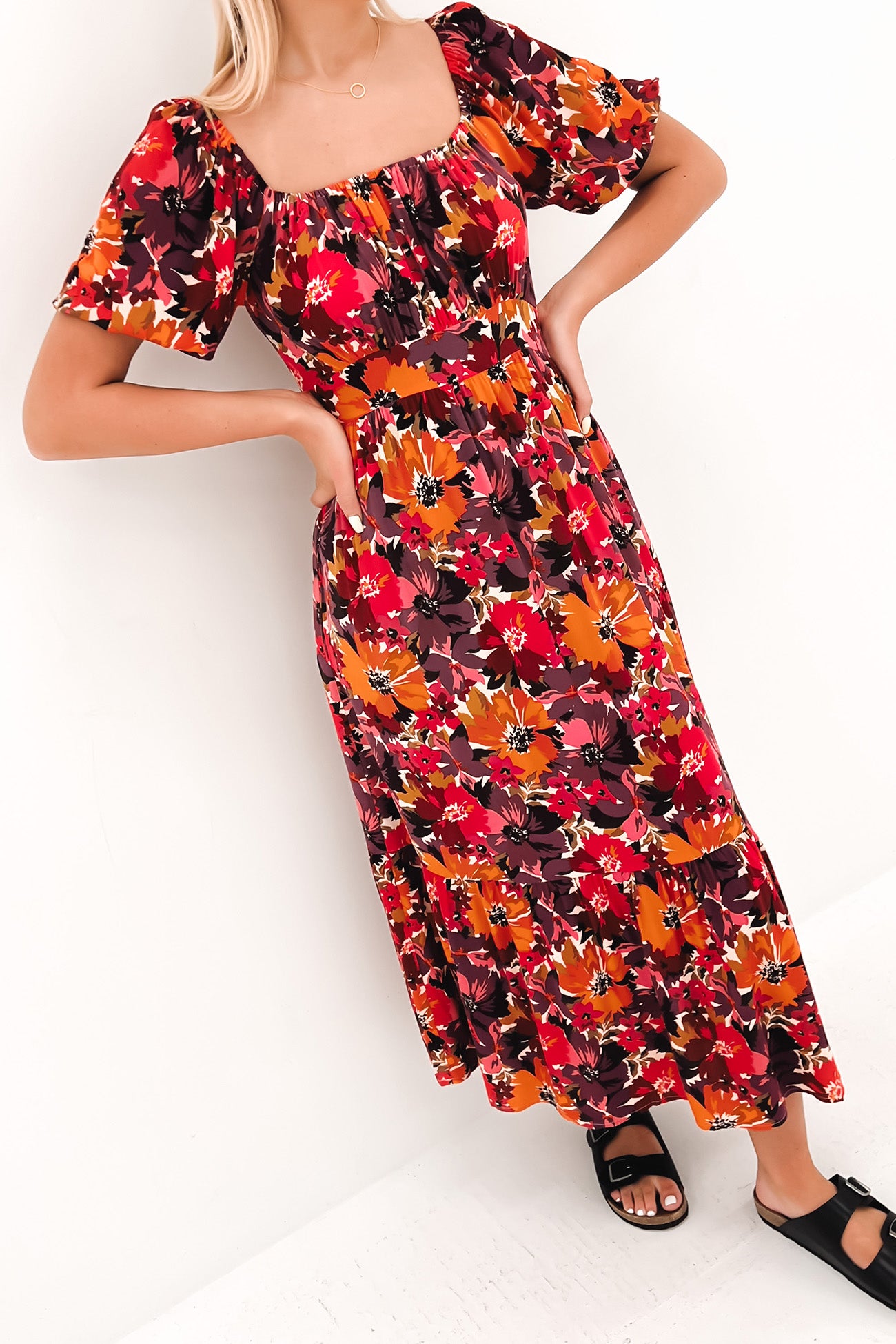 Yasmin Frill Hem Midi Dress Berry Floral