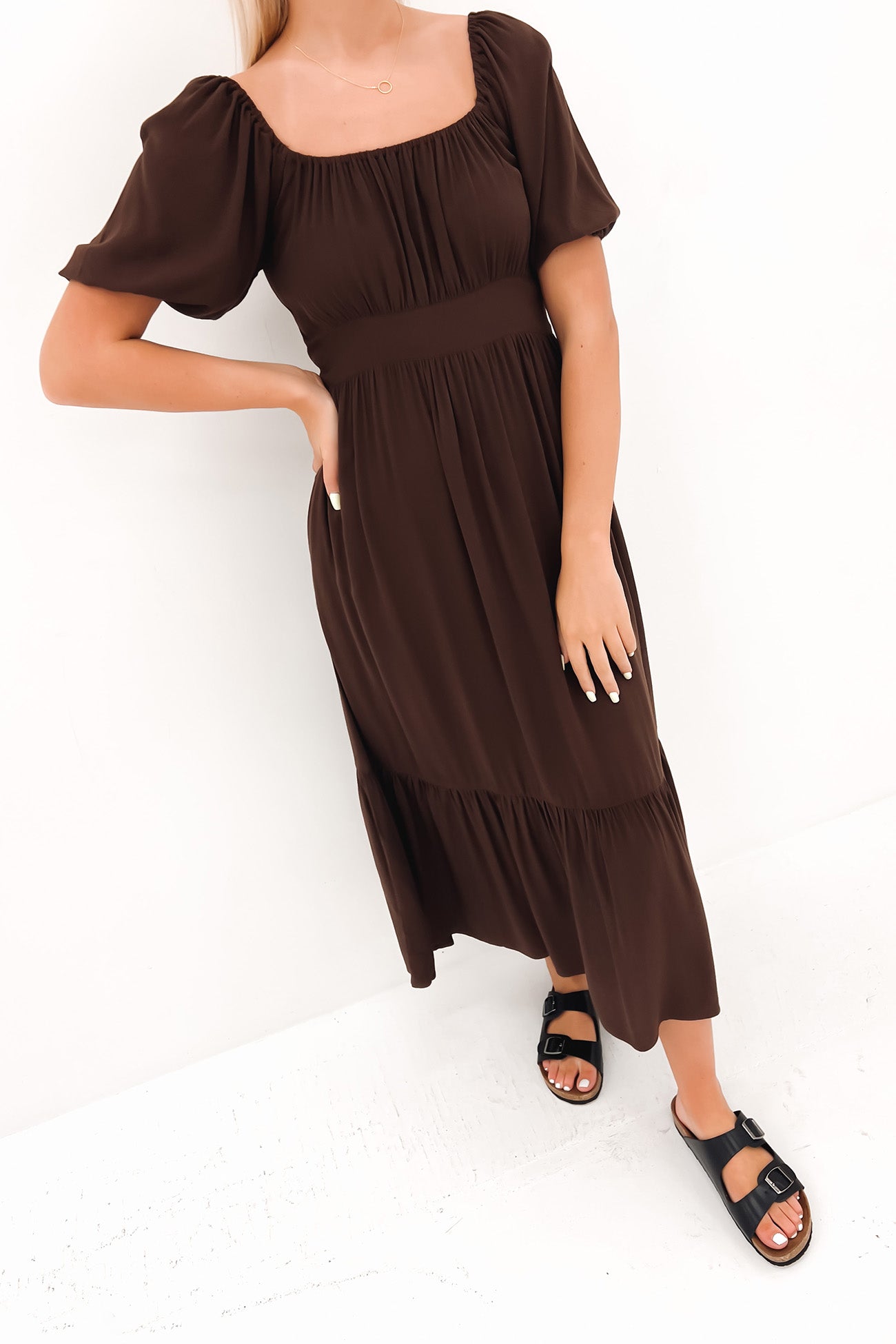 Yasmin Frill Hem Midi Dress Chocolate